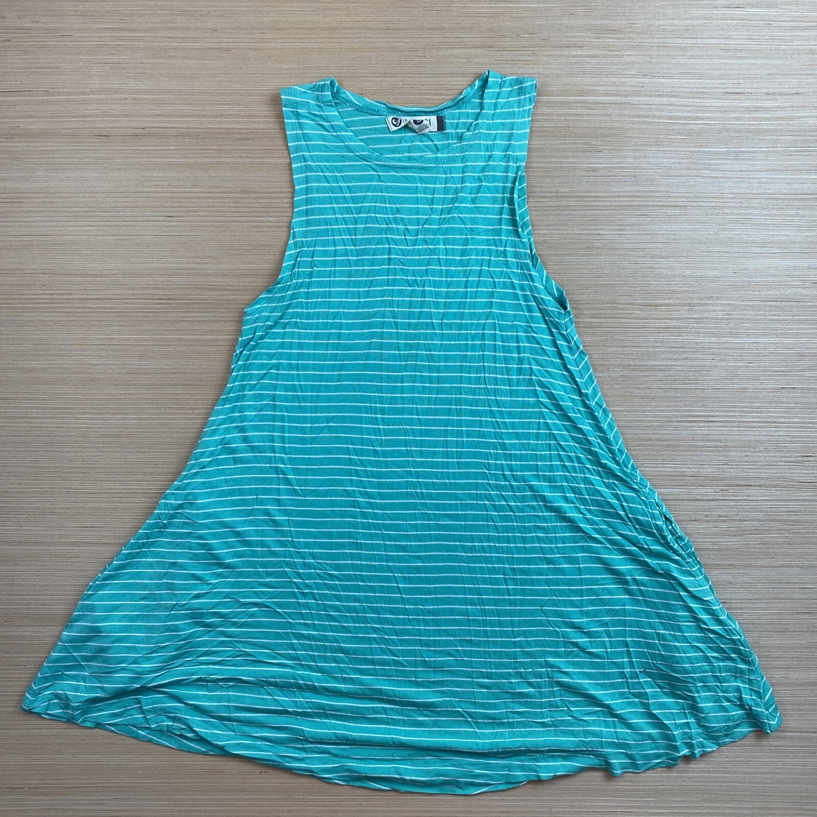 Lagaci Womens Juniors Small Green White Striped Shirt Dress Top Sleeveless Soft