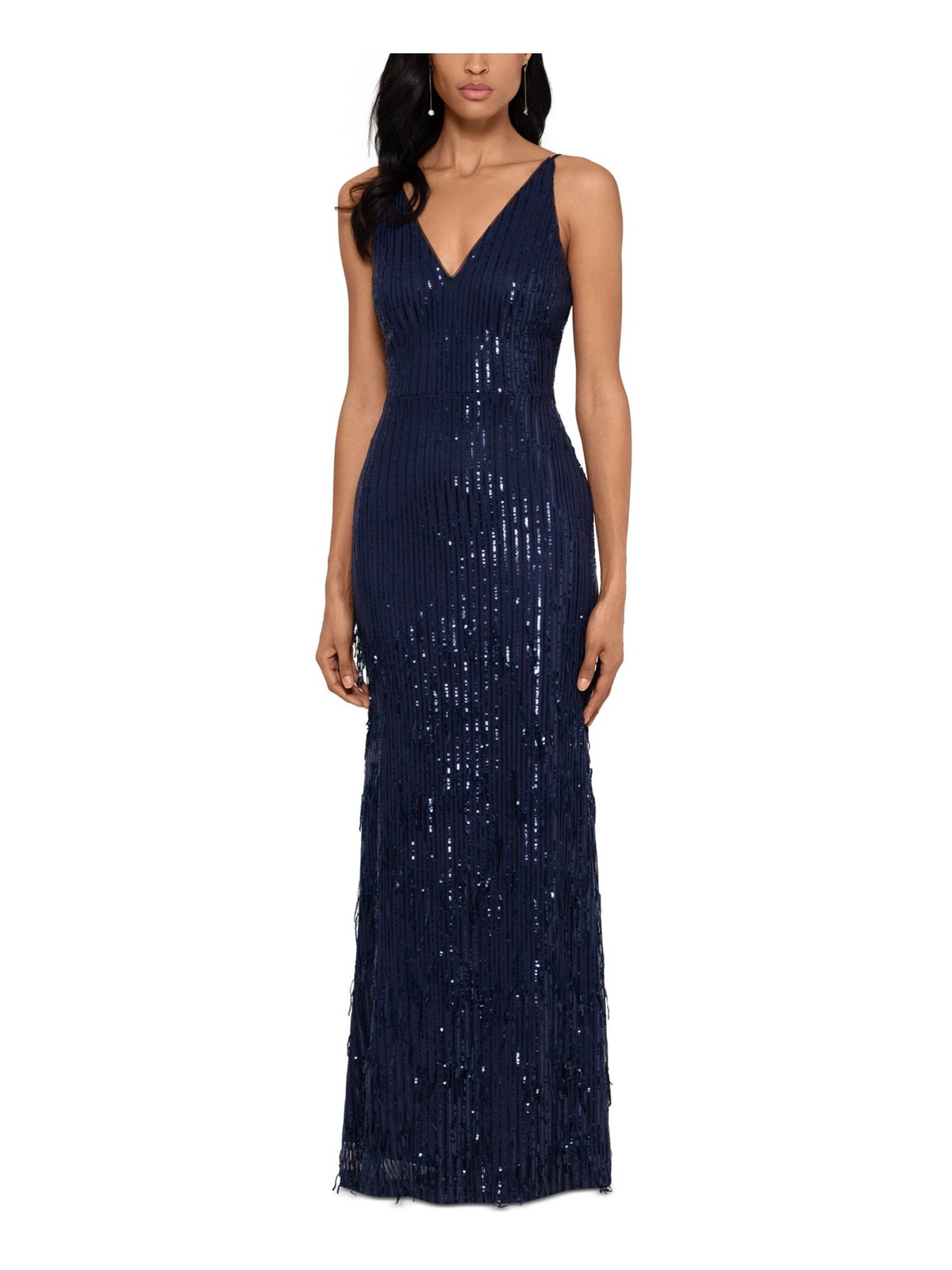 XSCAPE Womens Navy Sleeveless V Neck Full-Length Evening Body Con Dress 6