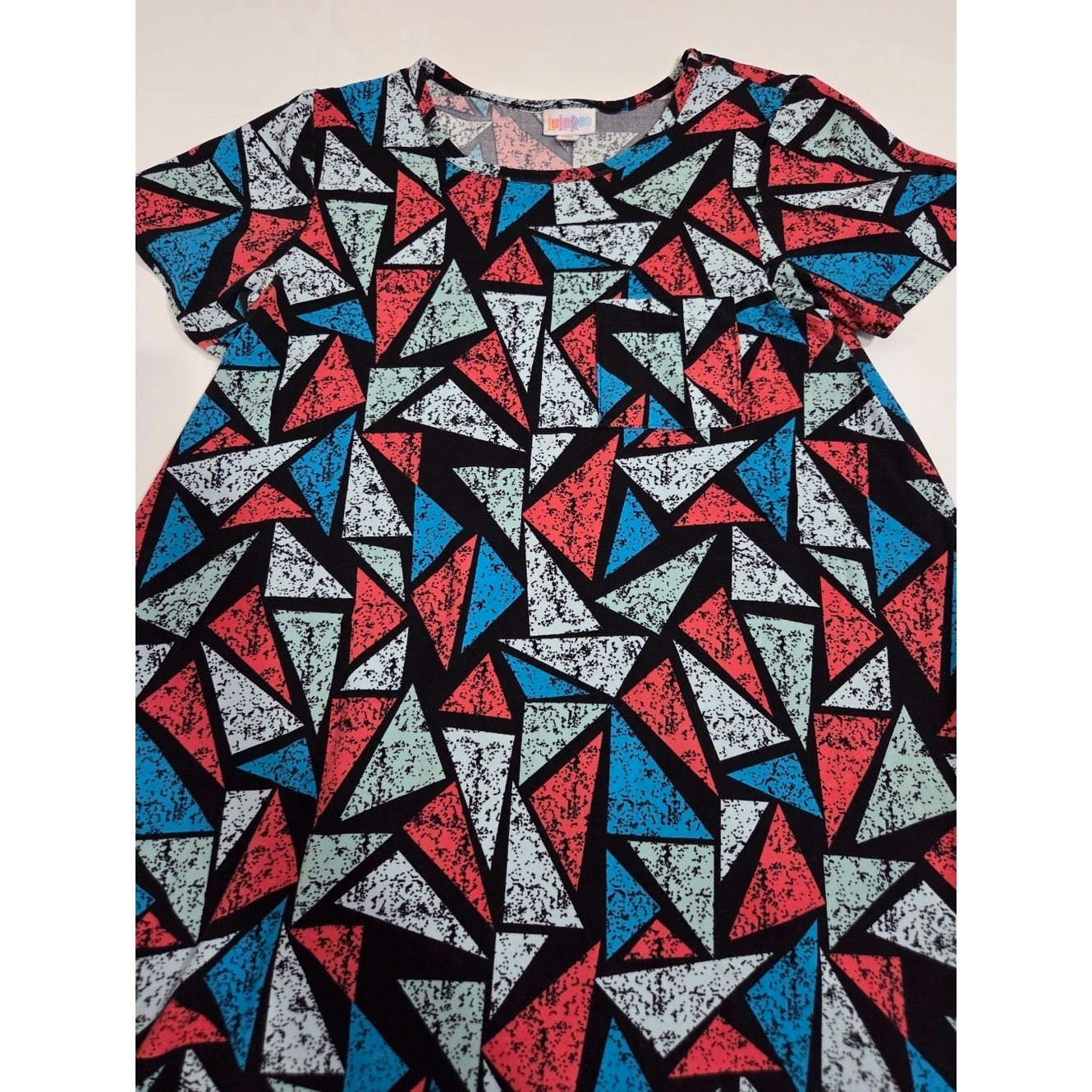 LuLaRoe Geometric Midi Dress in Black, Coral, Teal & White