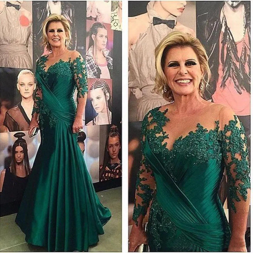 Deep Green Bridal Mother Dress Mermaid Round Neck Lace Crystal Pleated Ball Gown