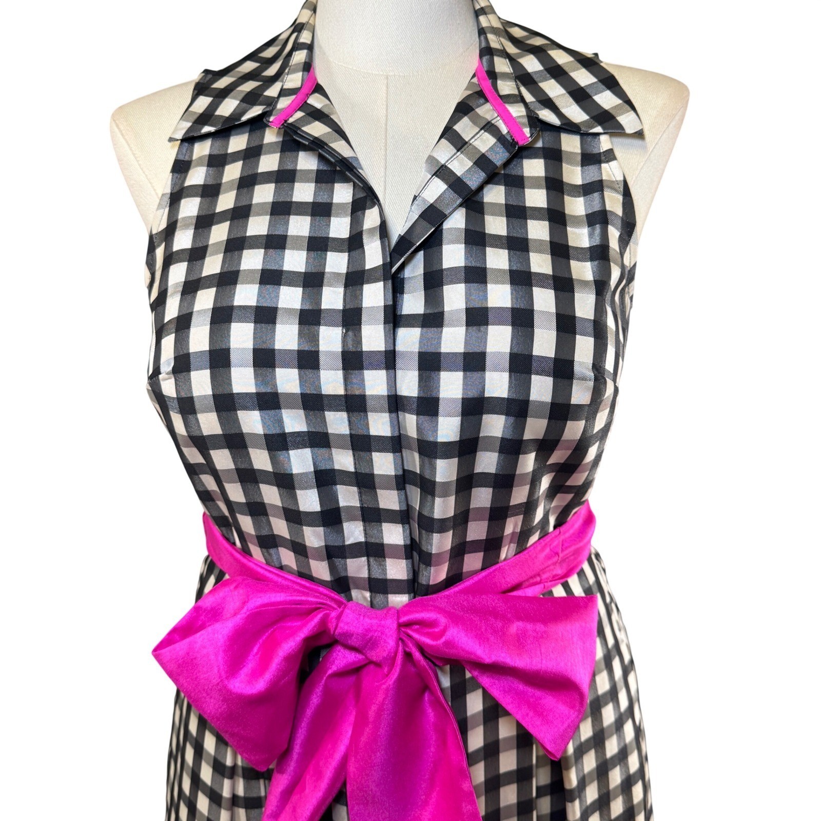 Eliza J Gingham Maxi Dress Black White Check Pink Sash Sleeveless Formal 10
