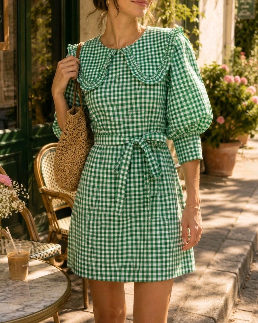 Reserved Green Gingham Seersucker Mini Dress Peter Pan Collar Belted EU40 UK12