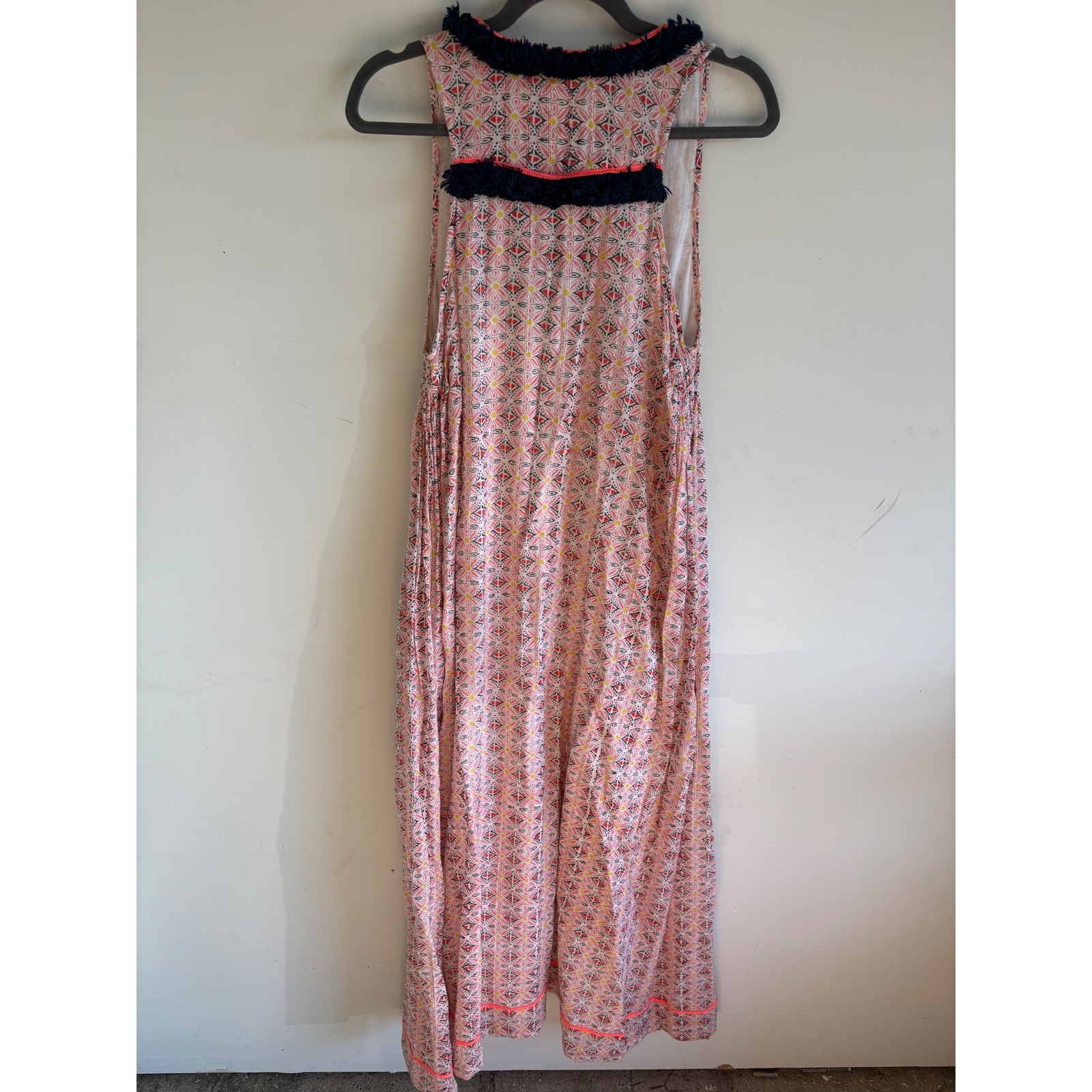 Roberta Roller Rabbit Pink Geometric Floral Fringe V-Neck Cotton Midi Dress S