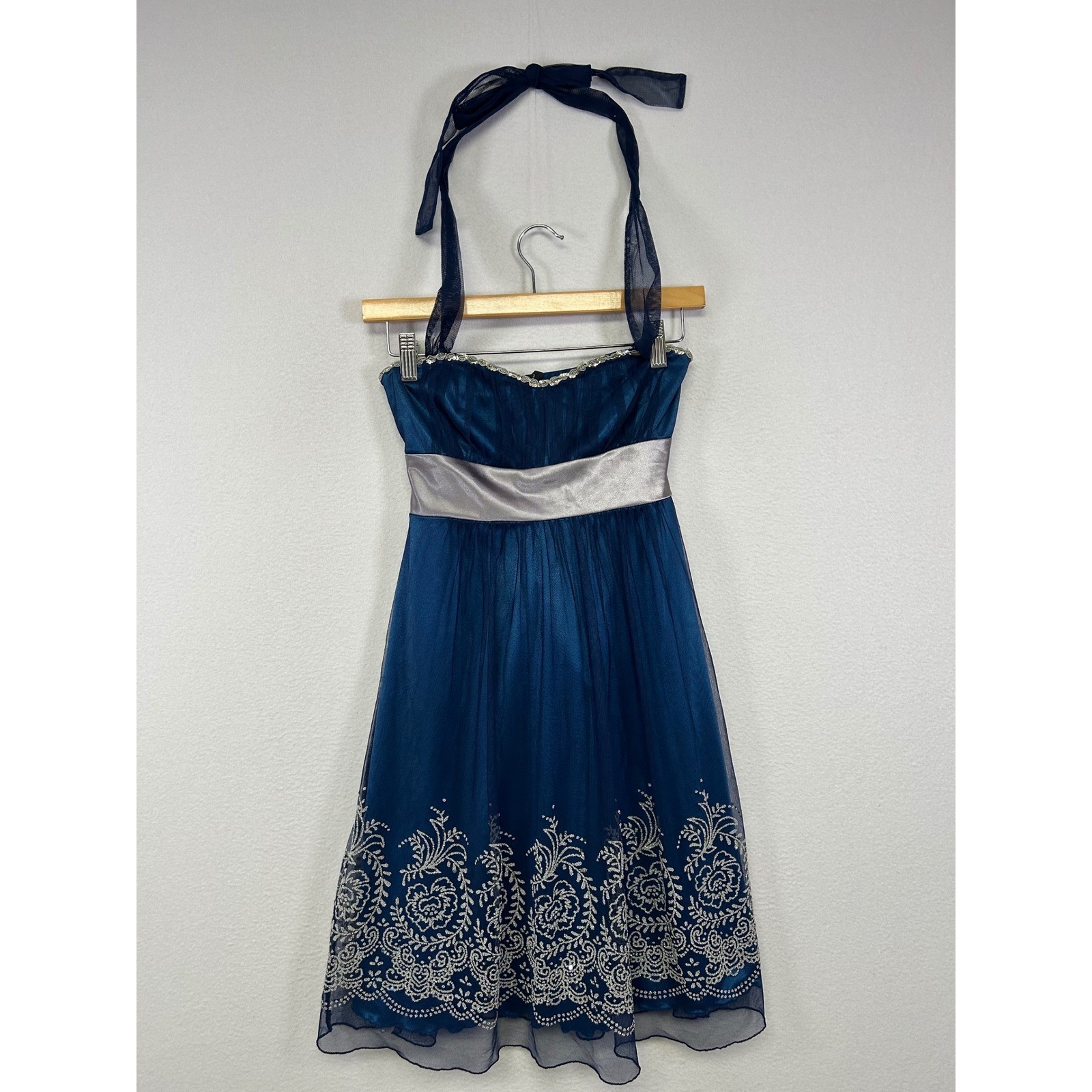 Y2K Fairycore Teeze Me Womens Sm Blue Silver Embroidered Halter Cocktail Dress
