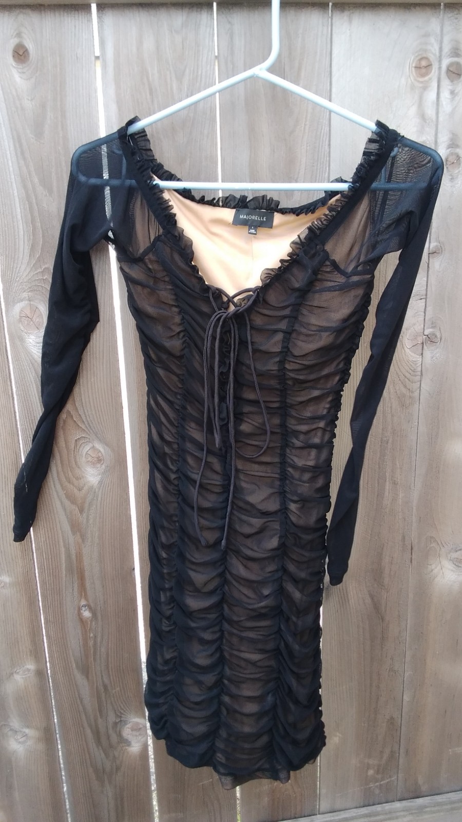 majorelle black mesh ruched bodycon mini dress v-neck lace up long sleeve s