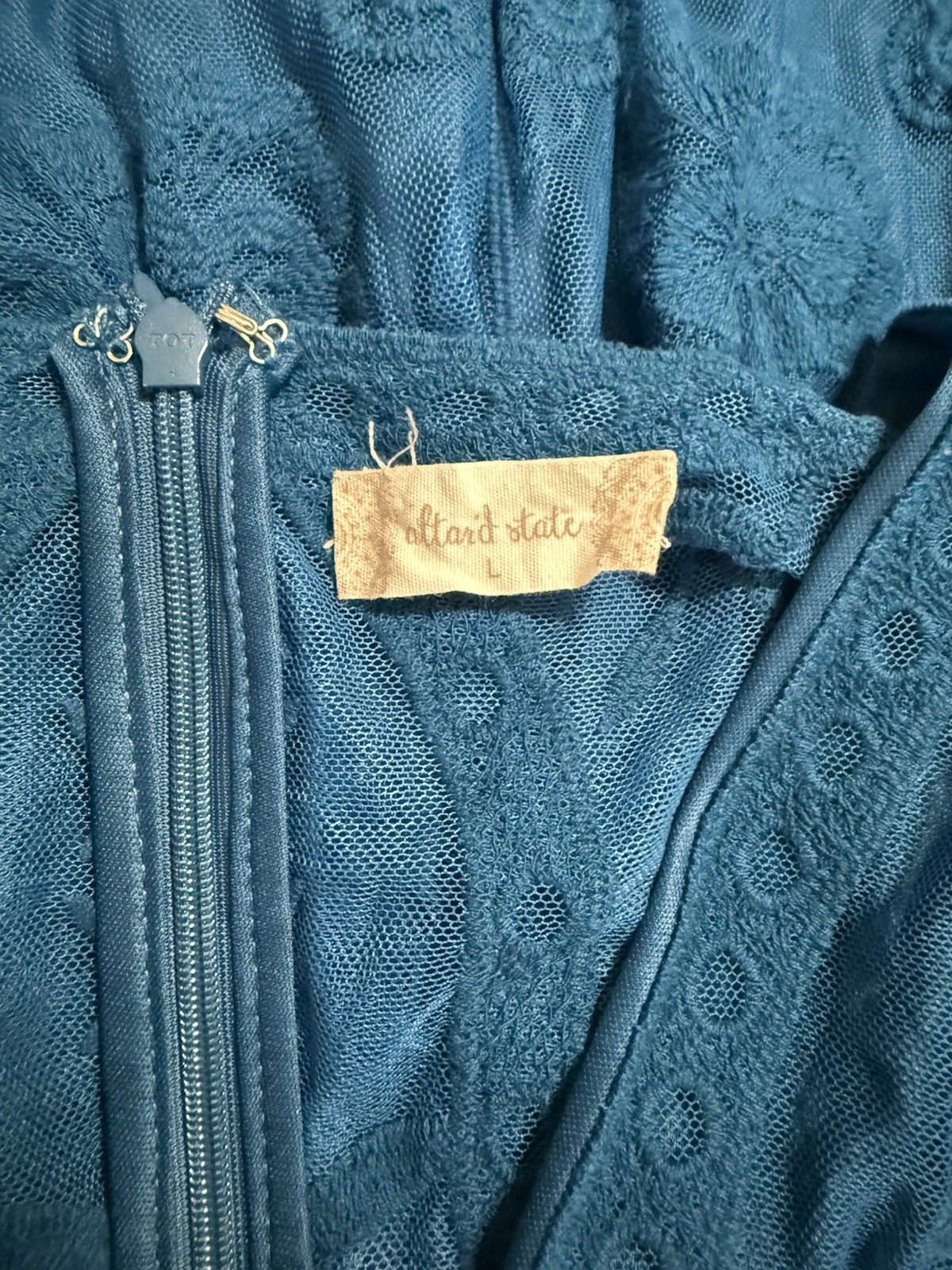 Altar’d State Blue Embroidered Mesh Fit & Flare Dress Knee Length V-Neck Size L