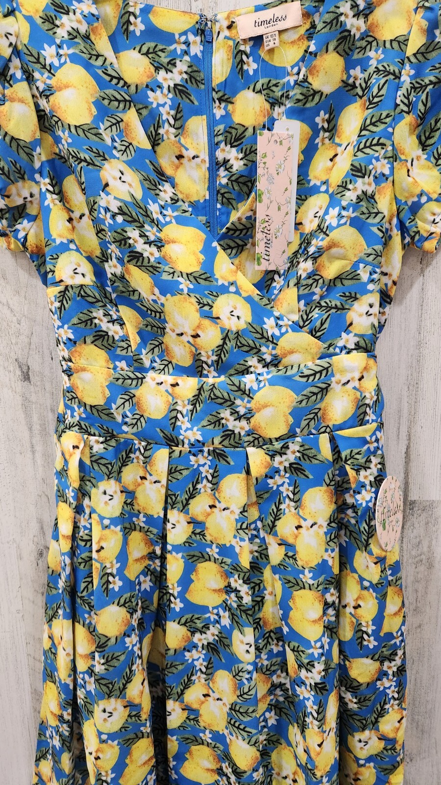 UNIQUE VINTAGE Blue Lemon Print Tie Back Swing Midi Dress Pockets Size SMALL*NEW