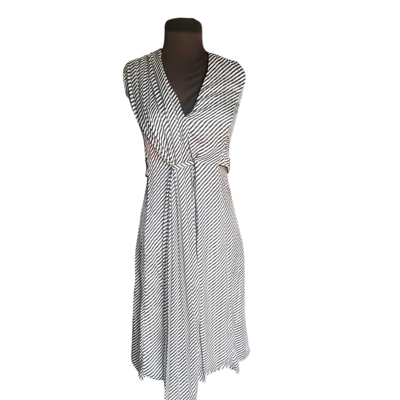 Deborah Lyons Ashley Midi Dress 2 Black Striped Crepe Luxury Old Money Ladylike