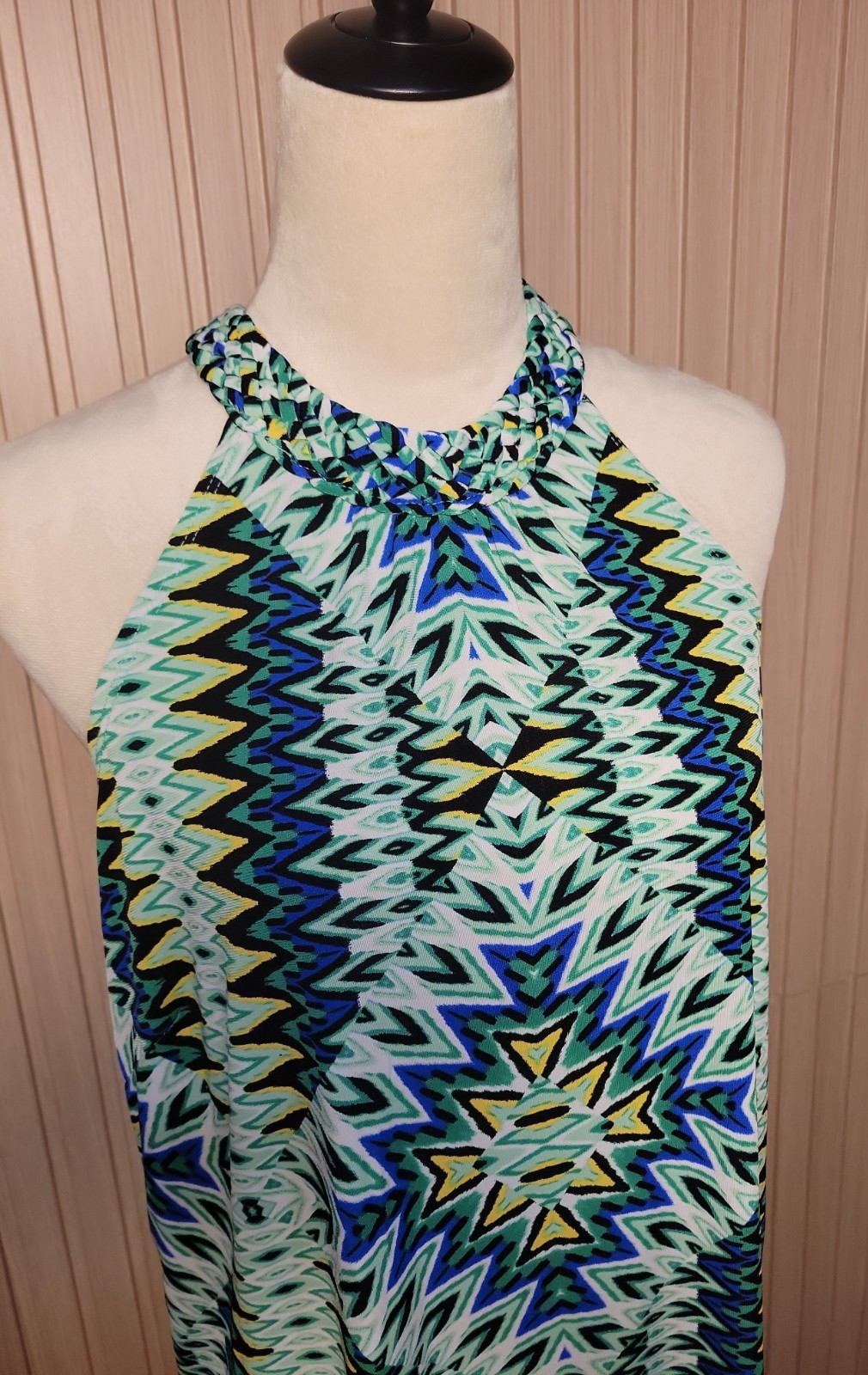 Laundry by Shelli Segal Halter Neck Shift Dress Blue Green Geo Print Size M