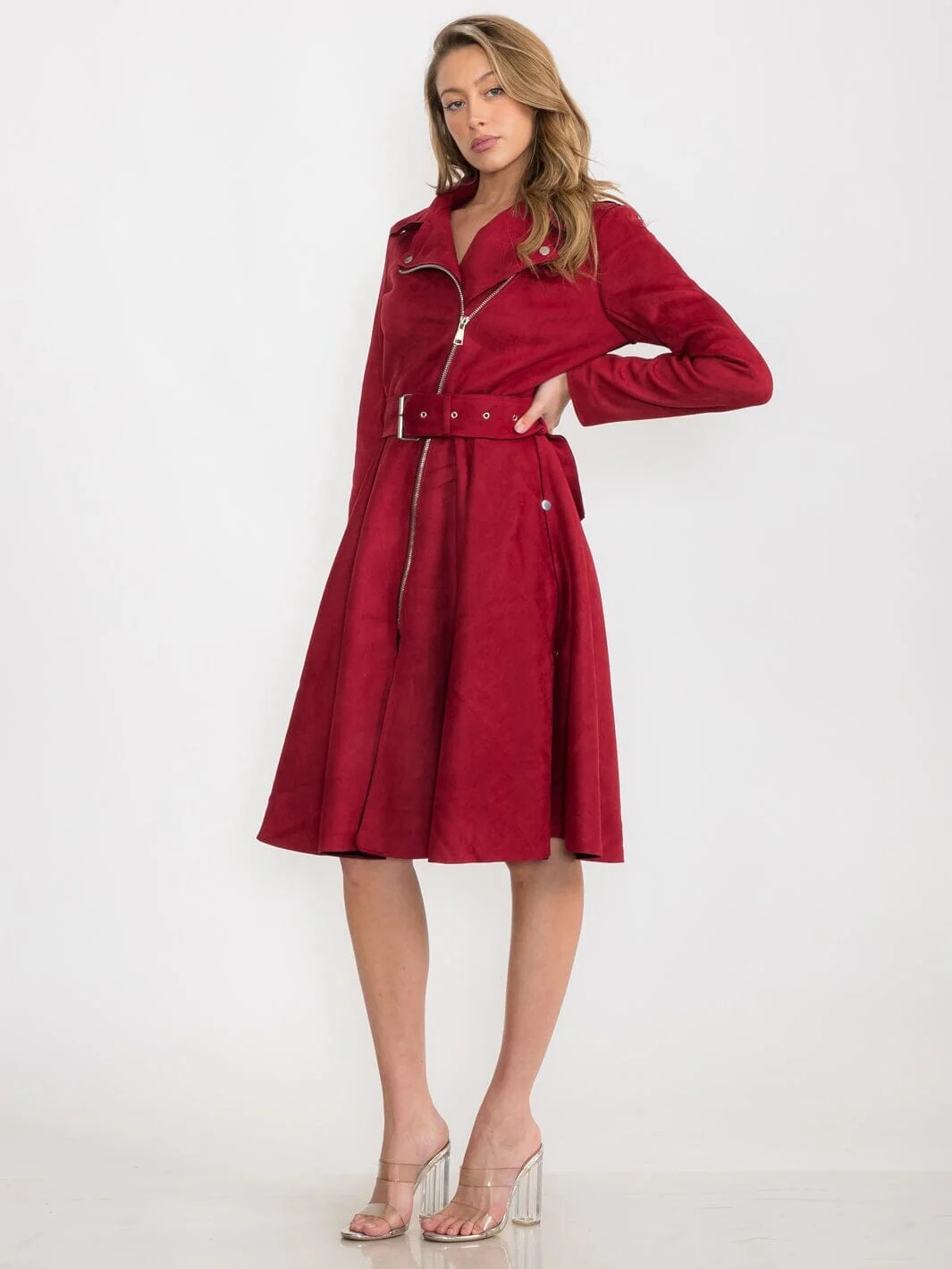 Burgundy Long Sleeve Midi Dress Size Small Belted Zipper Closure Jacket Dress