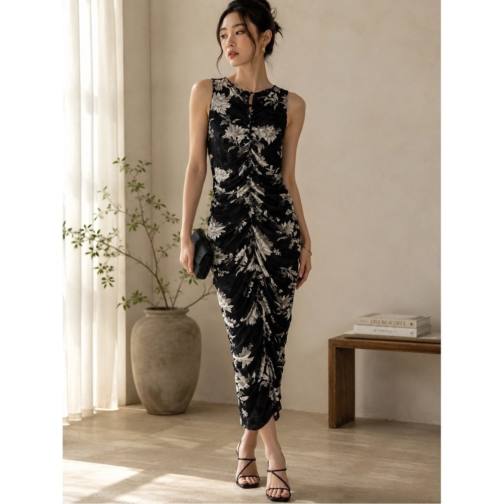 WHBM Ruched Floral Mesh Midi Dress White House Black Market Cocktail Dress Small