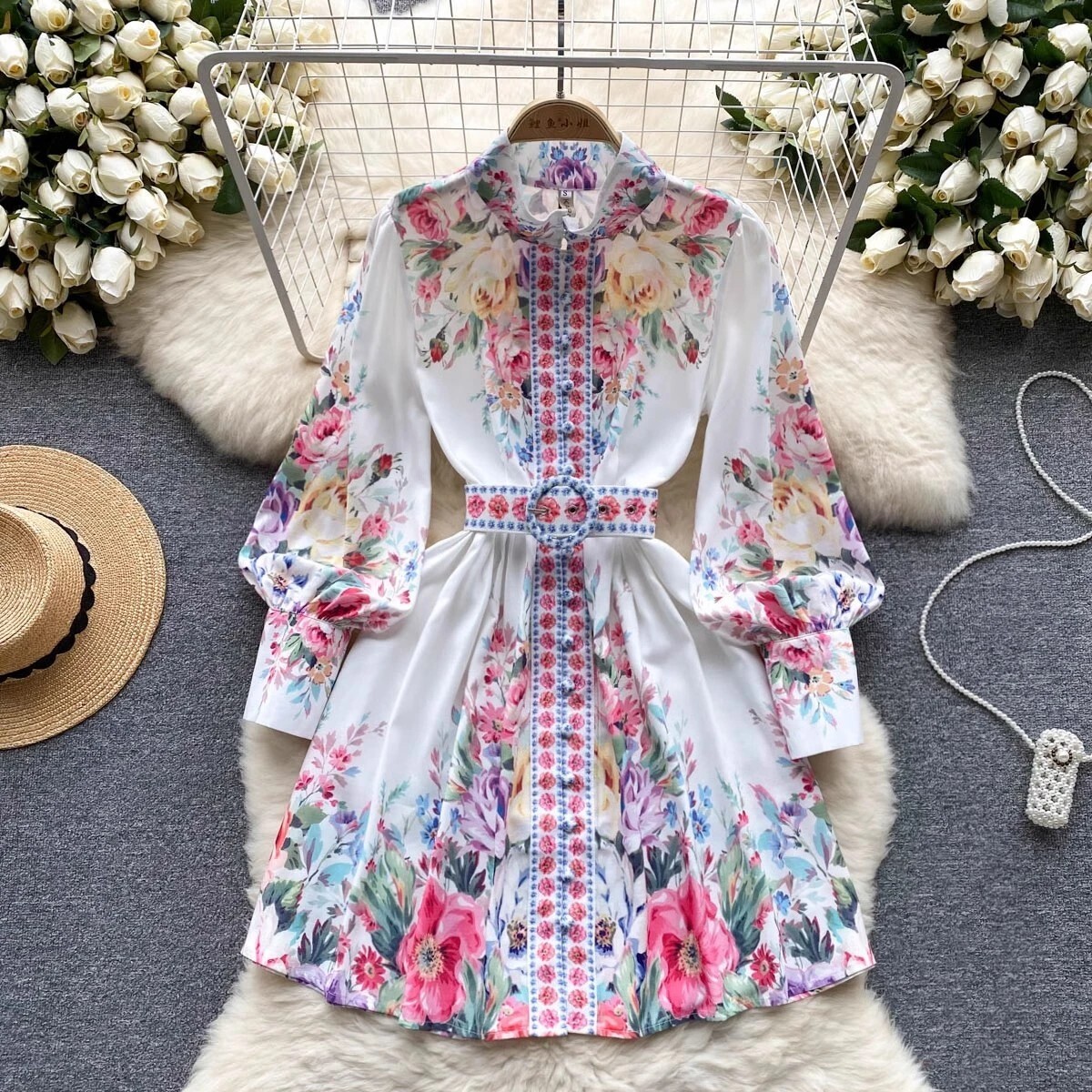 Spring Autumn Colorful Flower Dress Women’s Stand Collar Single Breasted s-xxl