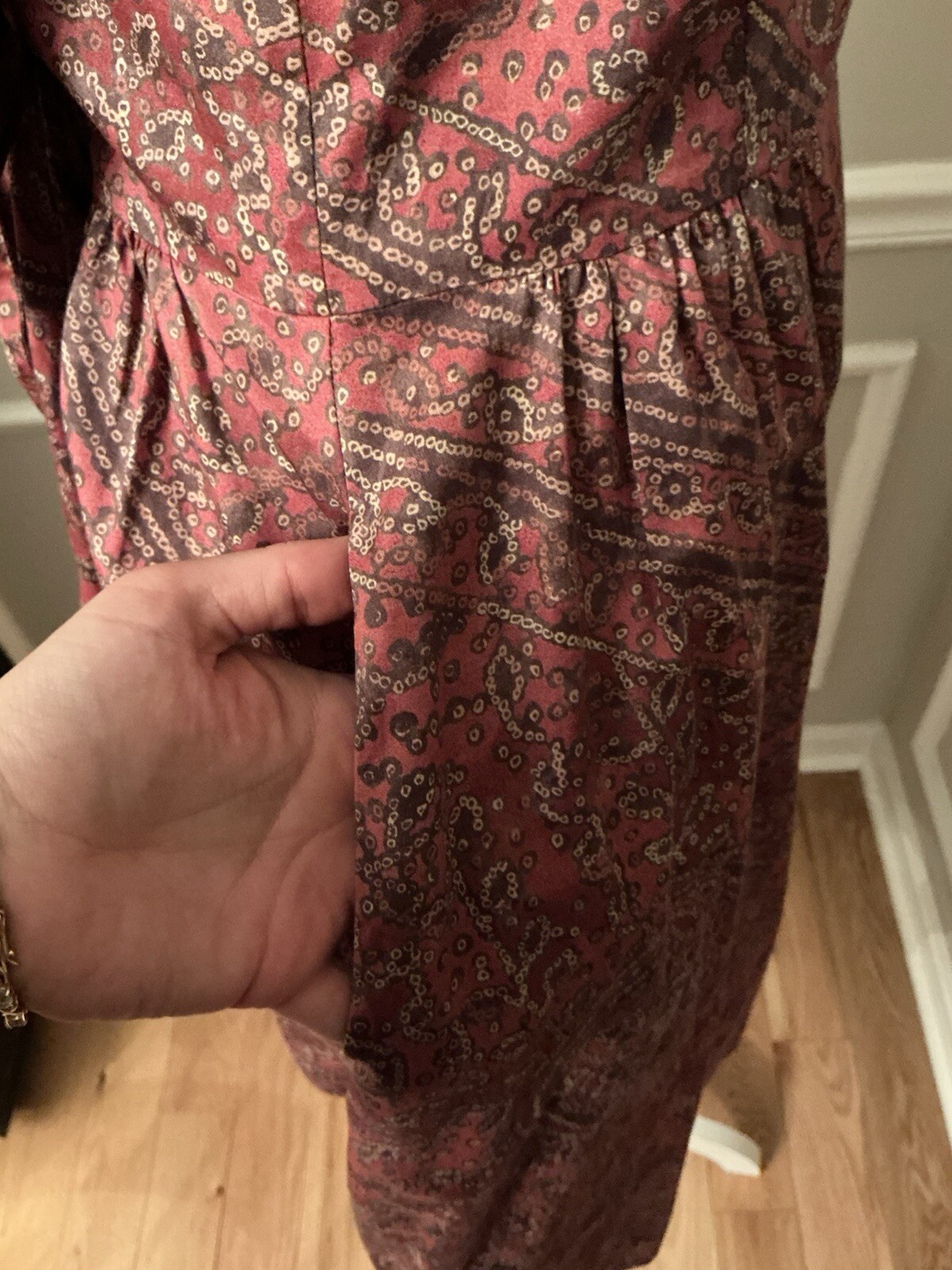 Peruvian Connection Dress Red Brown Pattern Midi Size Small Tie Bow Sash Cotton