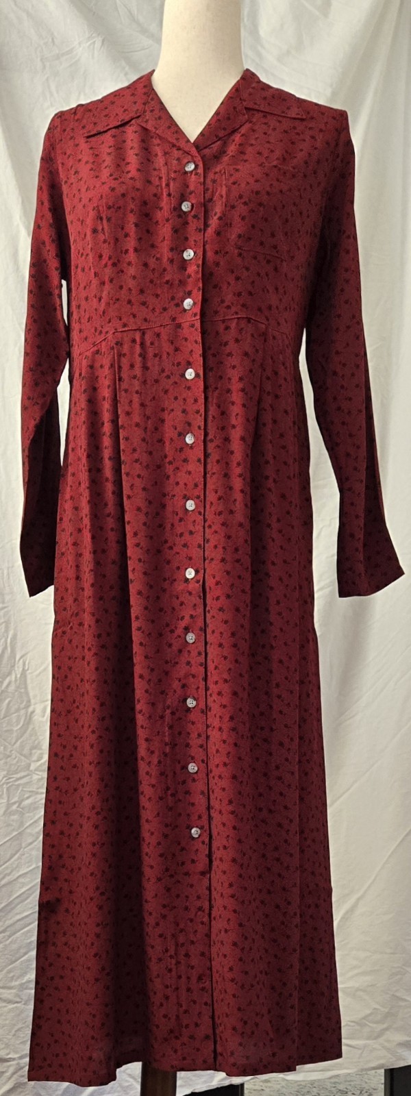 Eddie Bauer Dark Red Floral Maxi Dress Prairie Buttons Pockets Sz Petite/Med Vtg