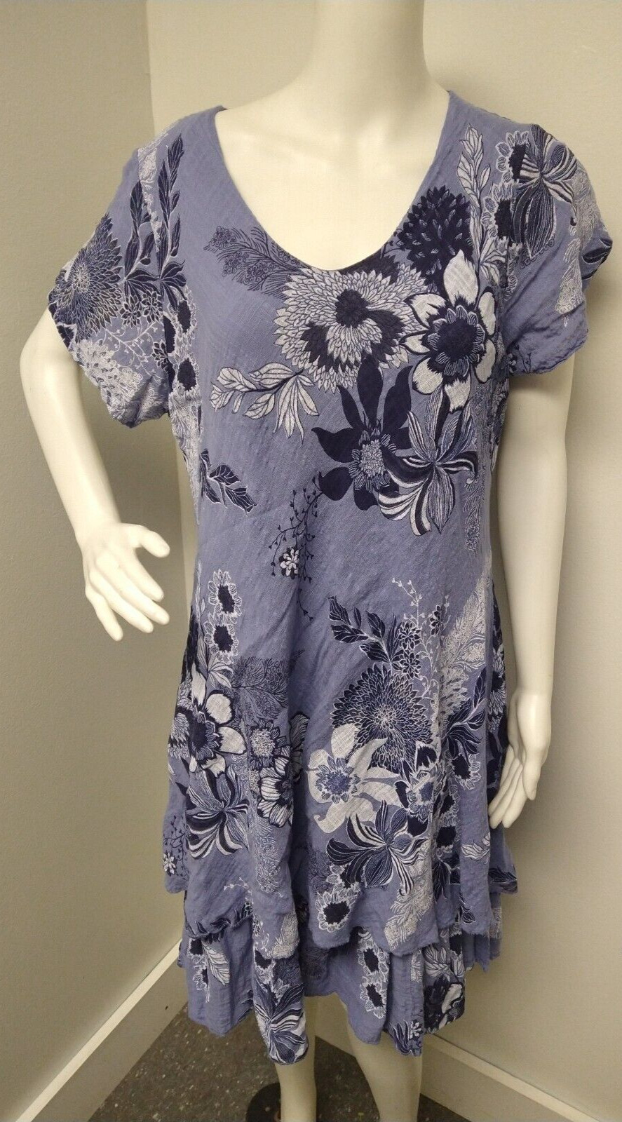 Anonymous Made in Italy Blue Floral Tea Dress Womens XL Cotton blend Tiered