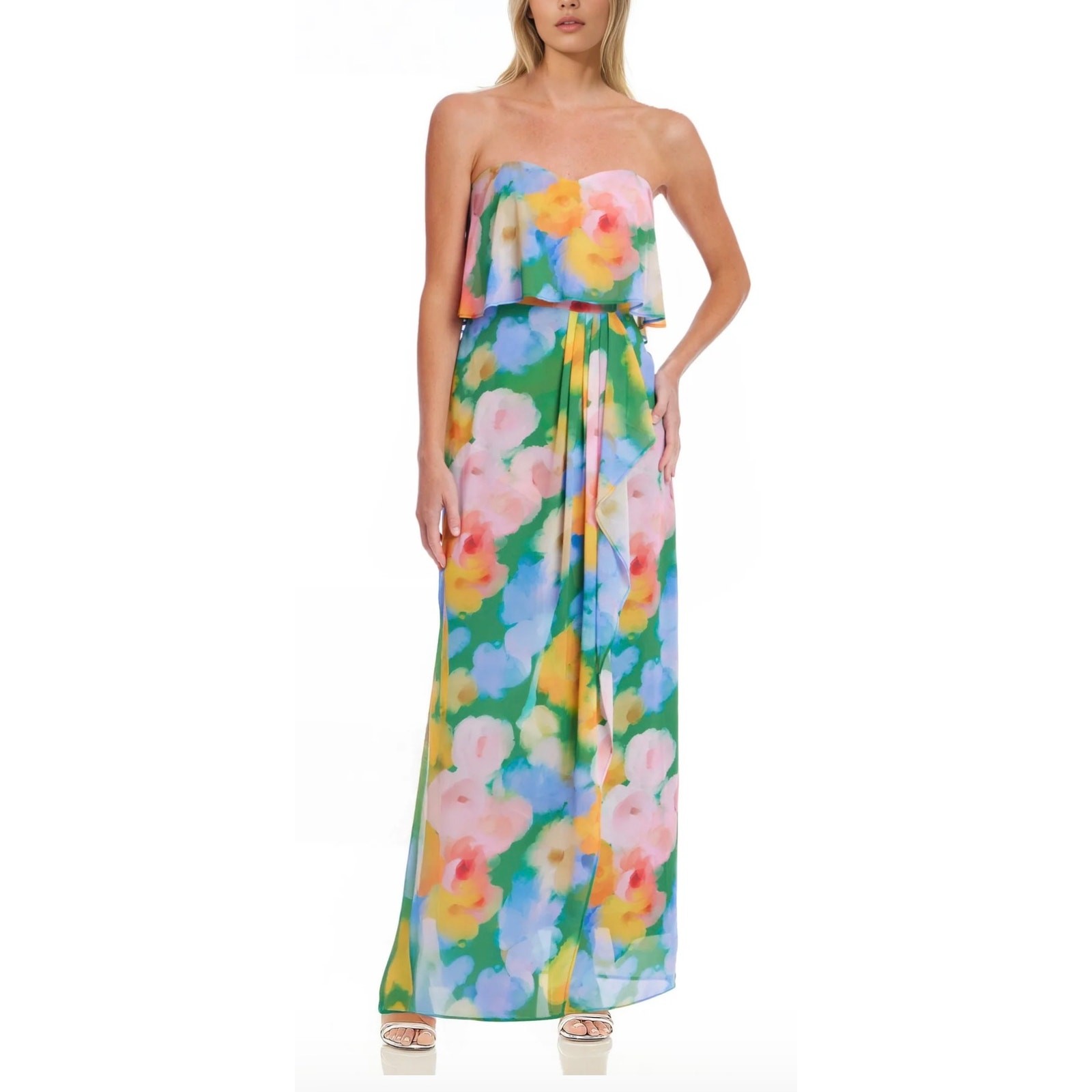 Jewel Badgley Mischka Felicity Floral Chiffon Strapless Gown Dress 6 NWT