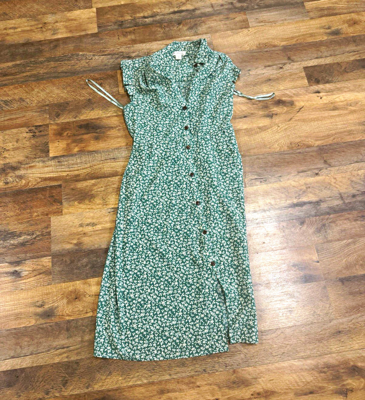 Monteau Los Angeles Green/White Floral Collared Button Shirt Dress Pockets S