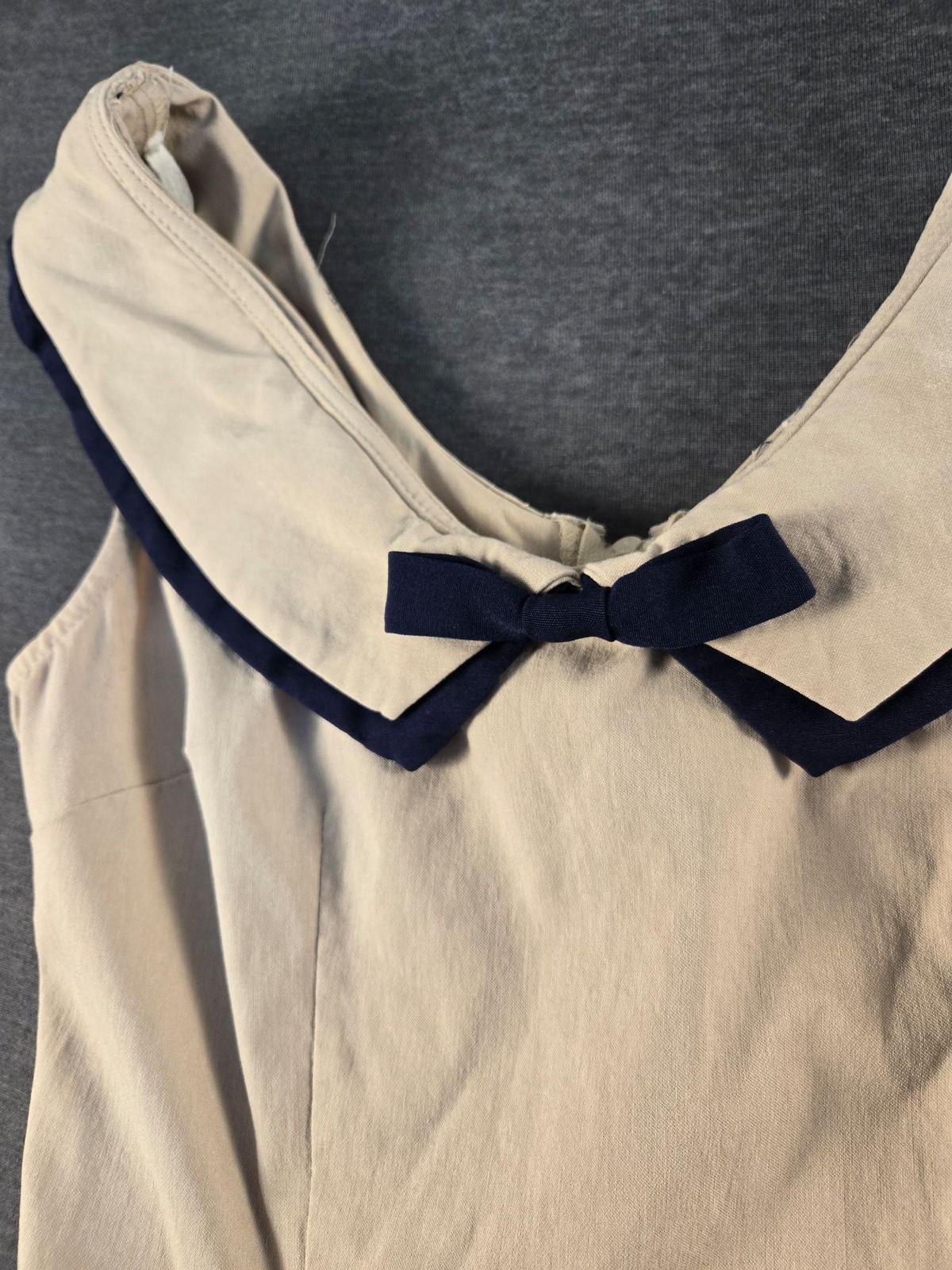 Stop Staring Dress Womens Large Beige Navy Nautical Bow Fit Flare Retro Midi
