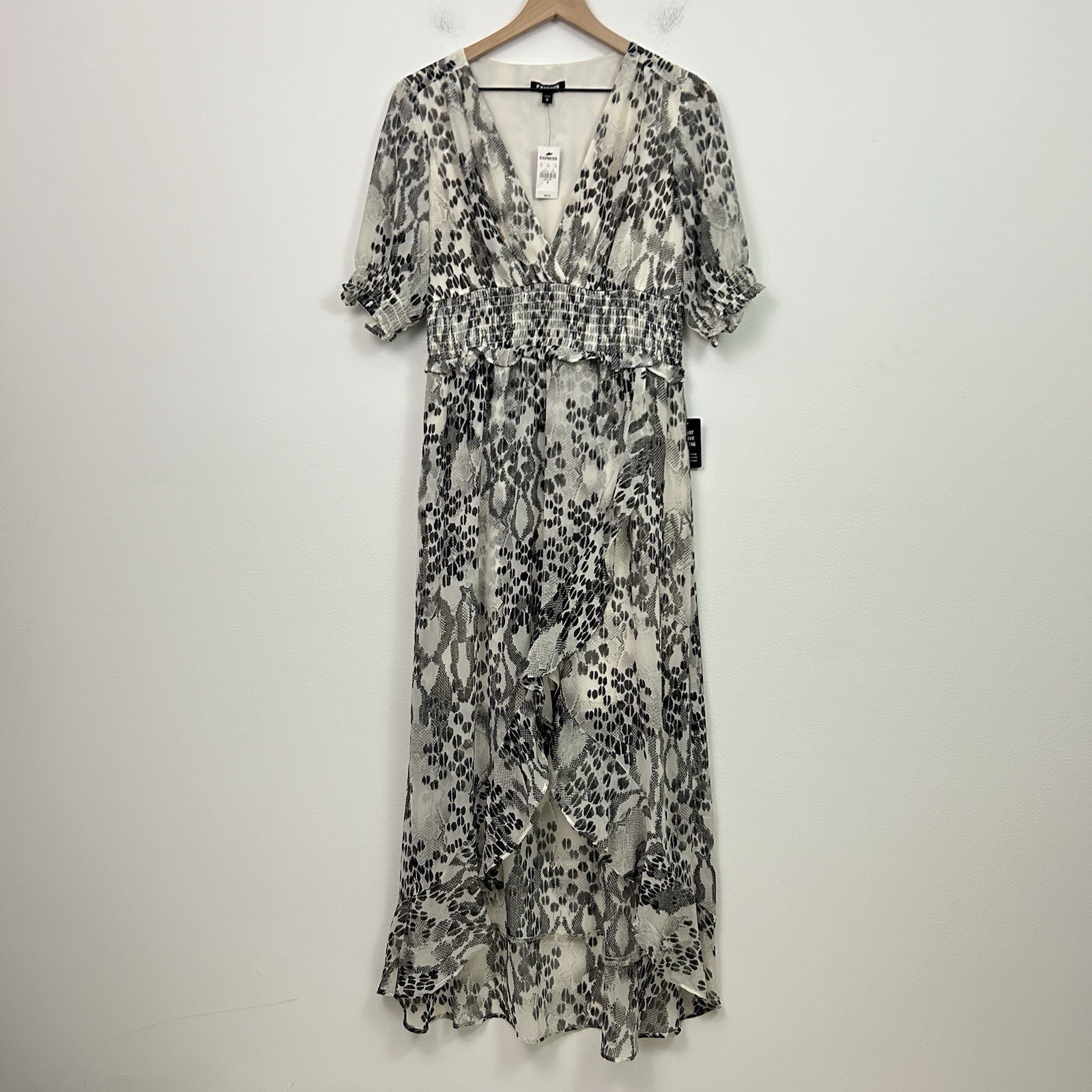 NWT Express Dress Size M Smocked Faux Wrap Hi Low Ruffle Maxi Black Cream
