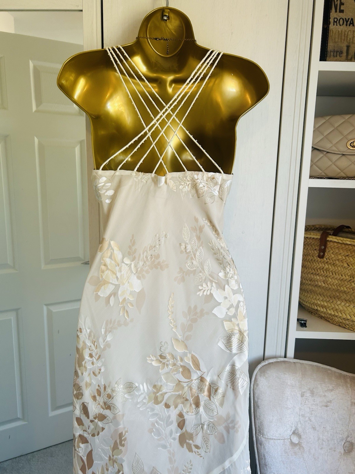 Monsoon Vintage Silk Cream Gold Devore 20s Deco Y2K Bride Long Dress 12