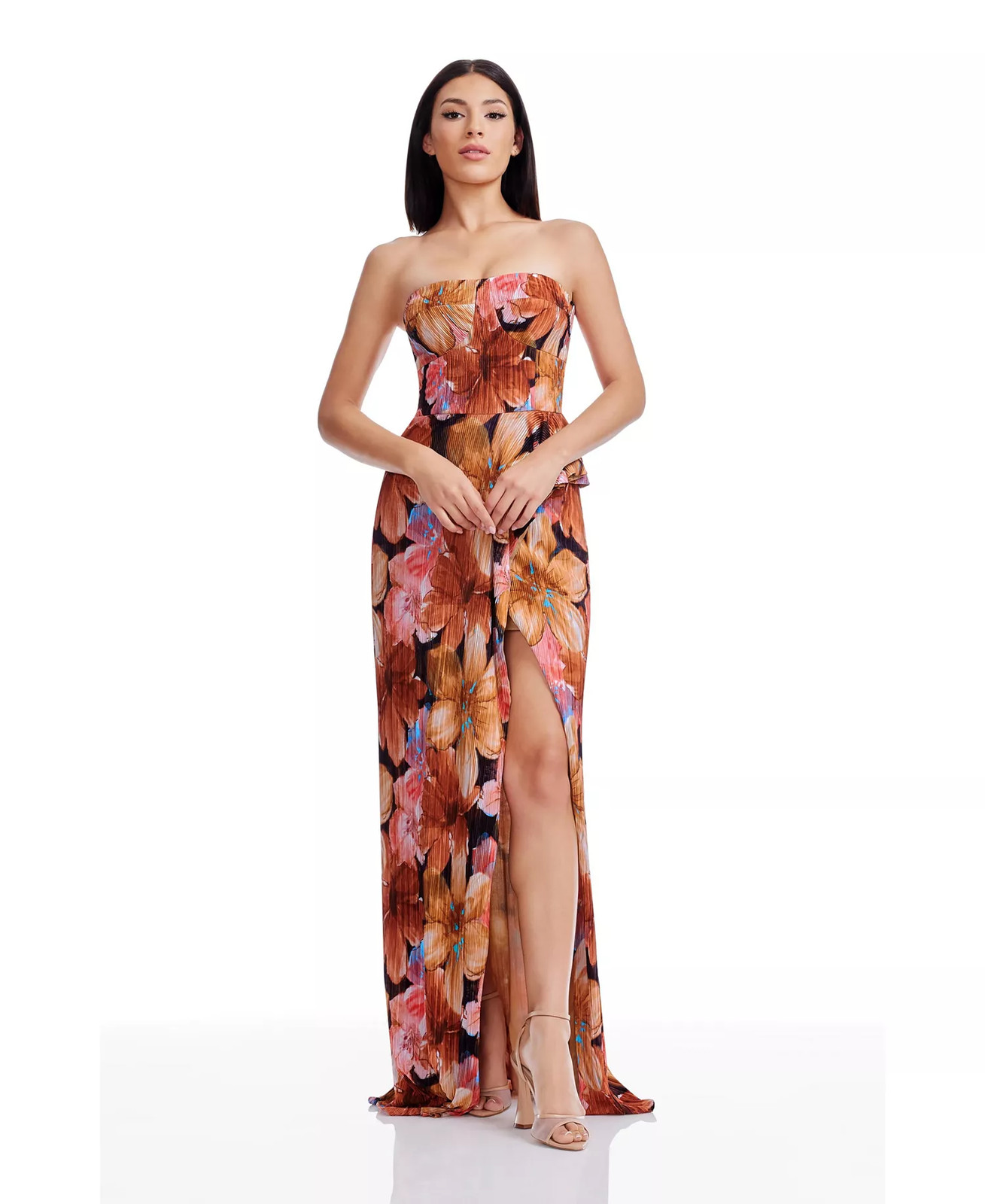 Dress the Population Strapless Fitted Gown Large Pleated Floral Kai Bodycon NWT