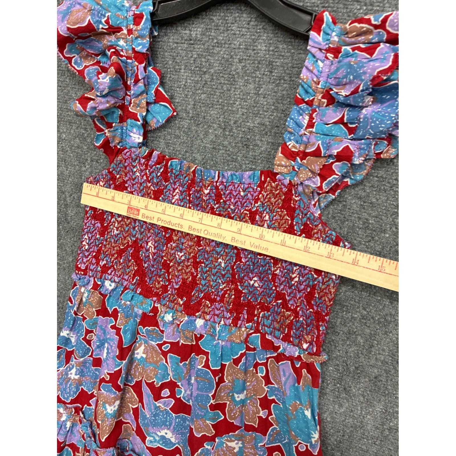 Love The Label Floral Smocked Tiered Maxi Dress Red Blue Ruffle Sleeve Small