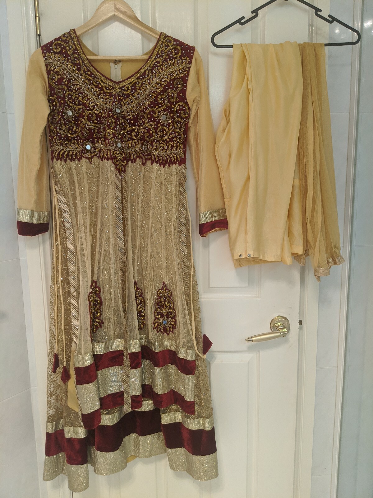 Indian Cream Anarkali Golden Heavy Beads Shalwaar Kameez Velvet work Scarf Pants