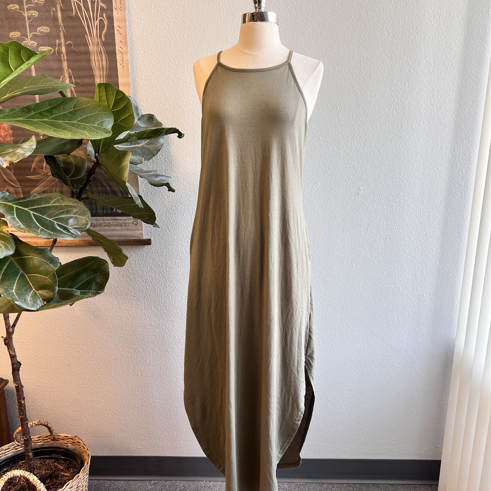 Anrabess Olive Green Maxi Sundress Pockets Casual Beachy Short Sz M