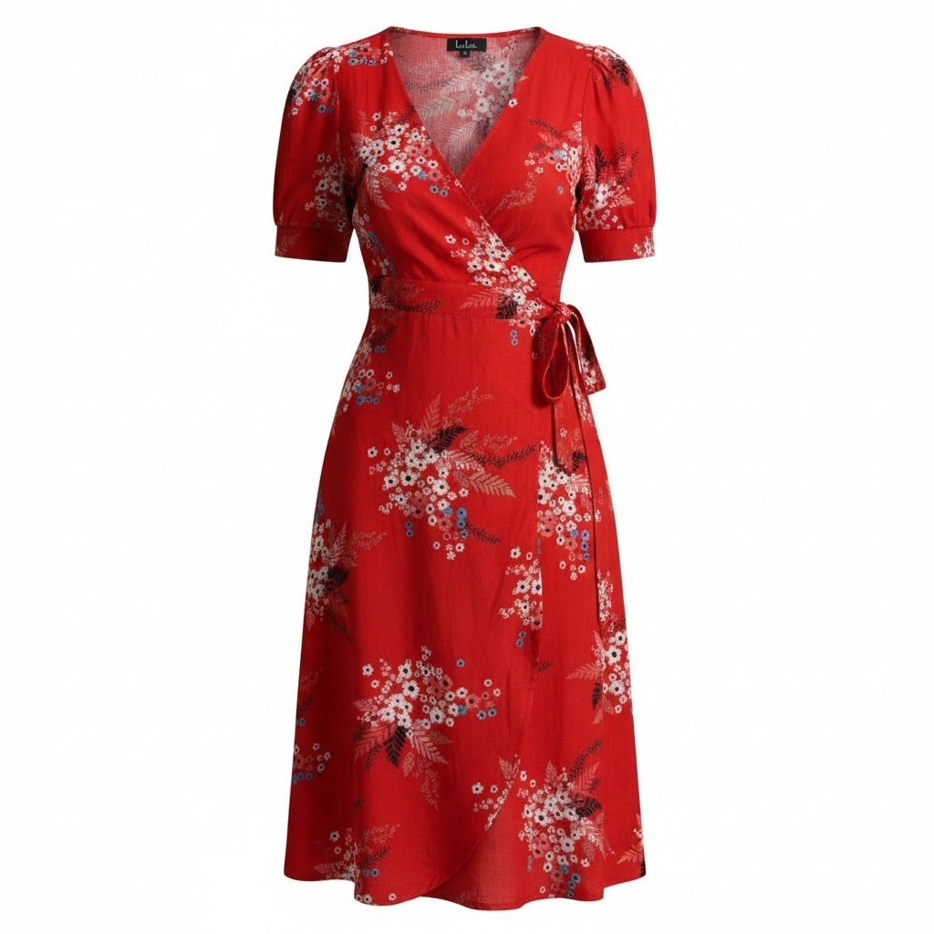 Lulus Wrap Dress Women Medium Red Floral Print Short Sleeve Midi V-Neck