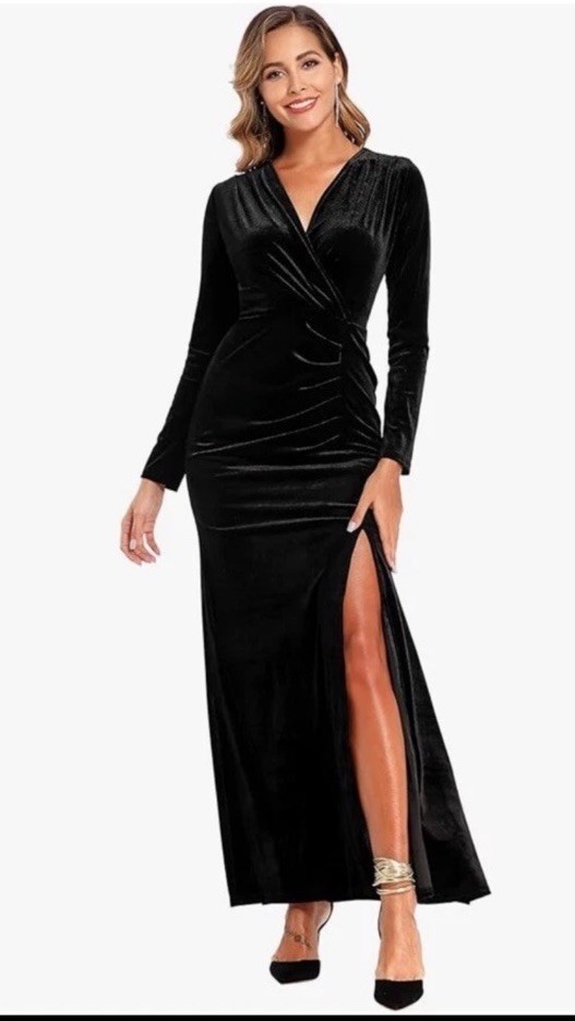Ababalaya M Black Velvet Wrap Party Dress Long Sleeve VNeck Maxi Slit