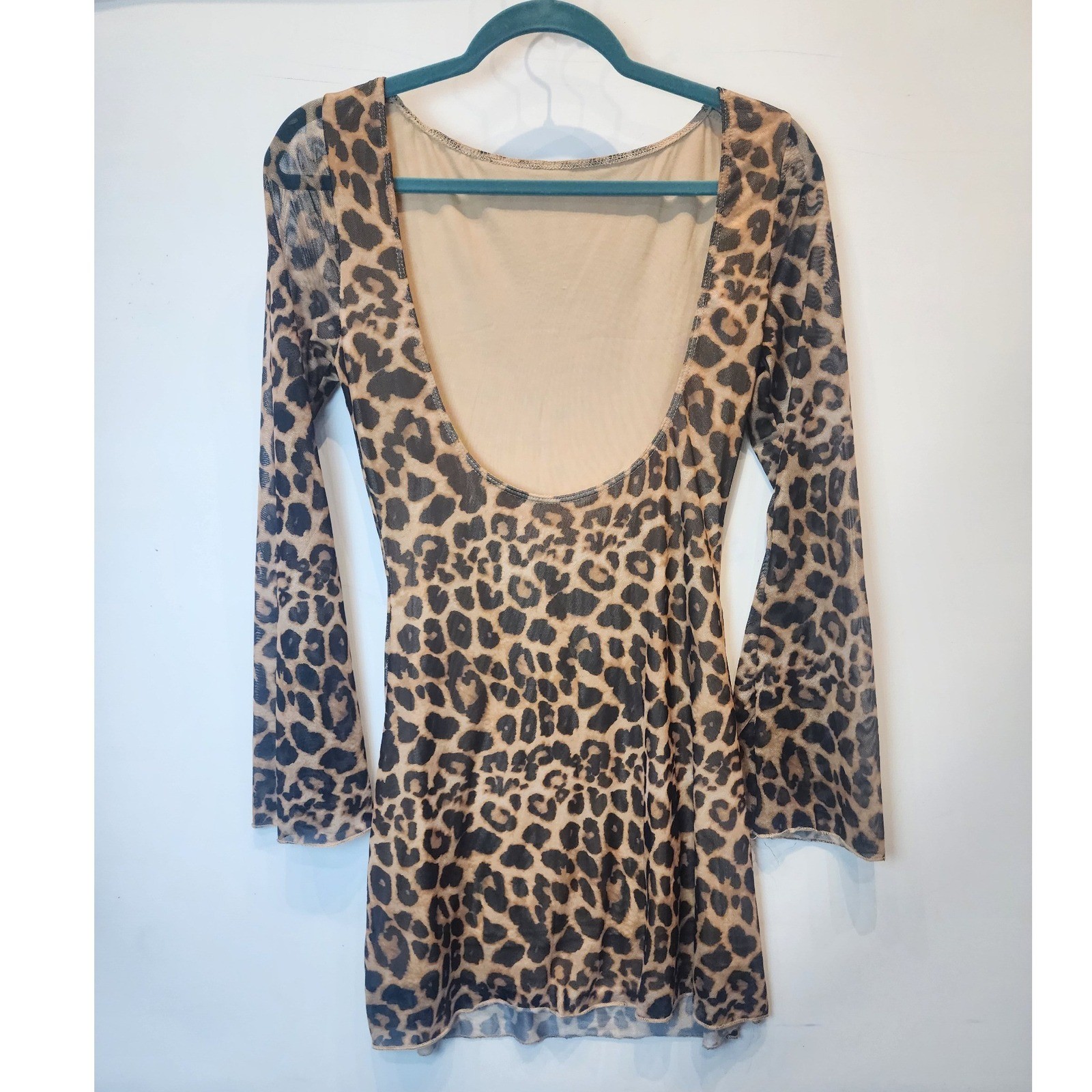 Leopard Mesh Low Back Mini Dress Long Sleeve Brown Tan Animal Print Womens S