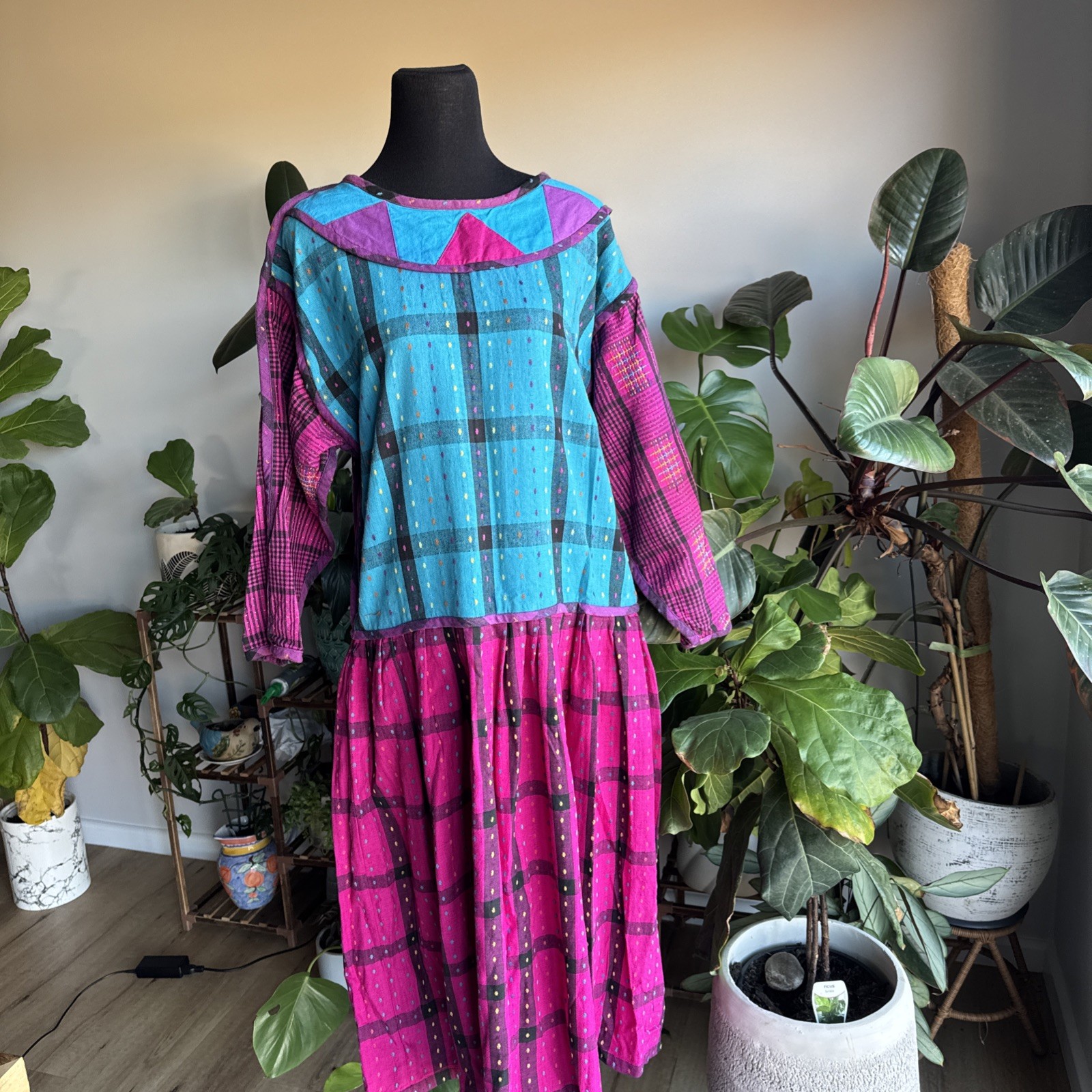 Vintage 80s-90s Dress FLYING COLORS Check Midi Size 10 Woven Cotton Grunge