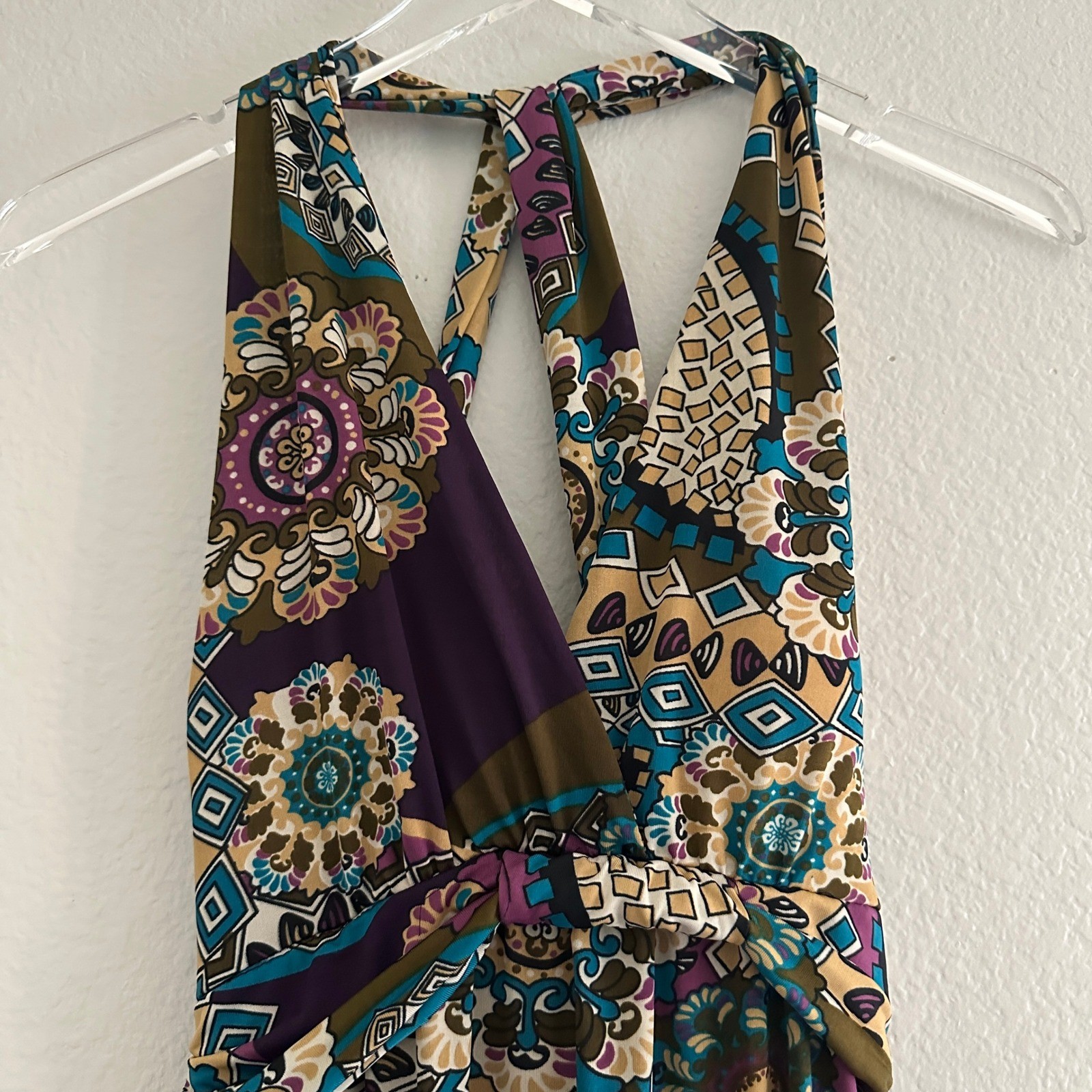 Halter Midi Dress Womens Medium Multi Color Boho Geometric Open Back Jersey Knit