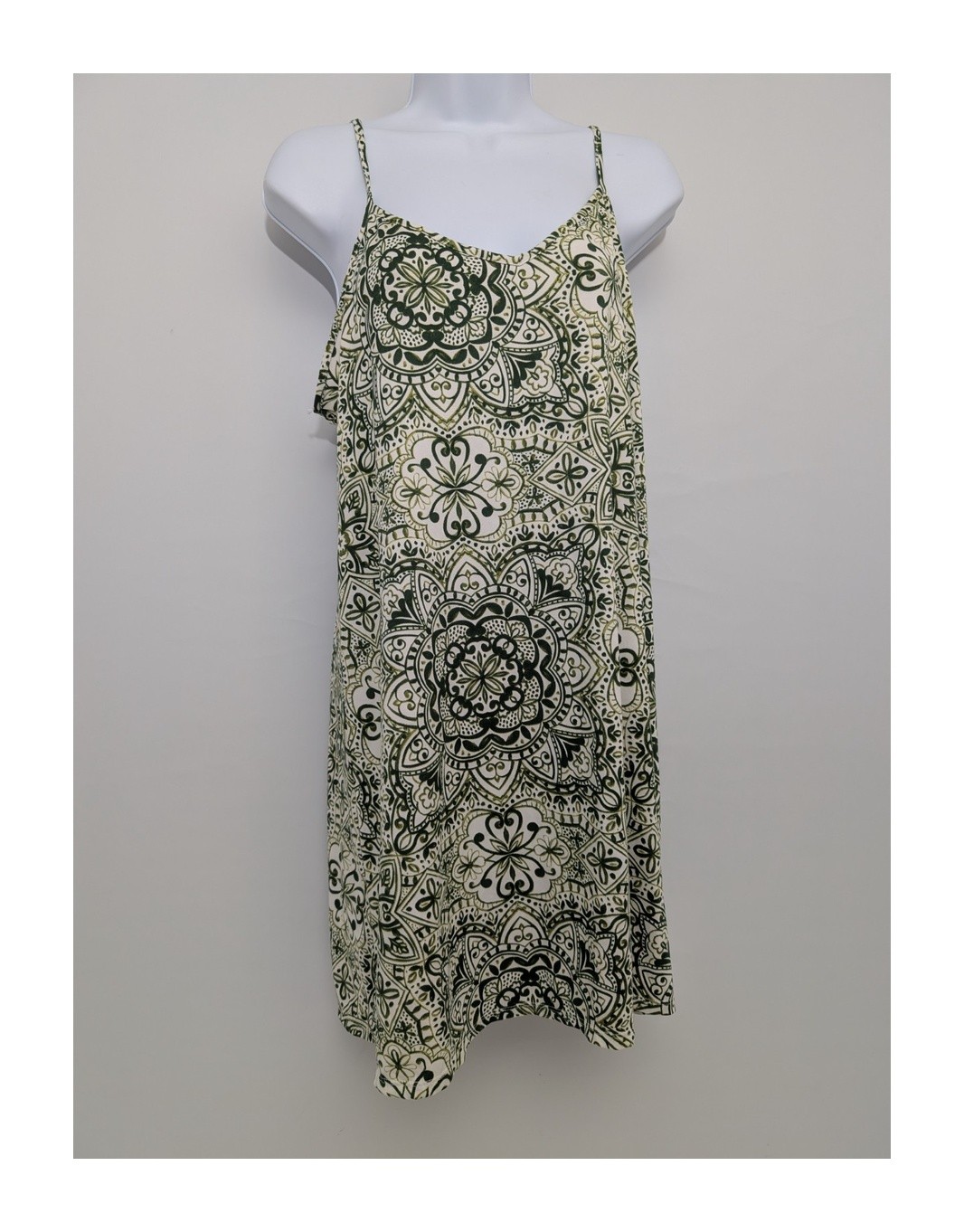 Primark Green Patterned Dress Size L Uk 14/16 32in 95% Polyester 5% Elastane