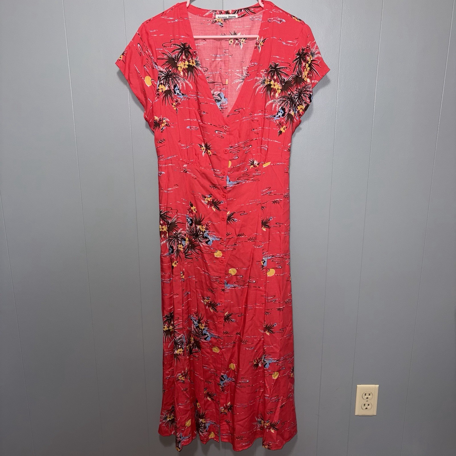 Reformation Denise Button Down Coral Red Fiji Tropical Midi Dress XL