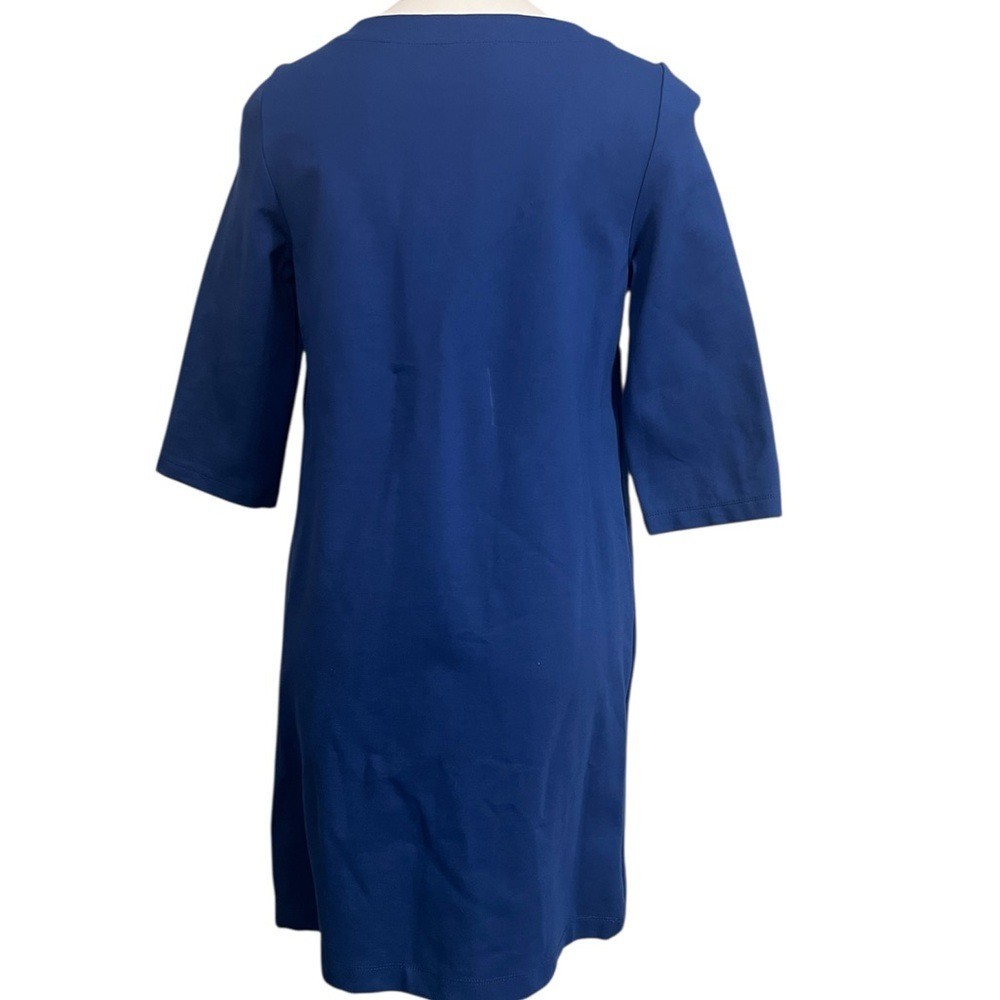Betabrand Half Day Shift Dress Sz Med blue w/ mauve pocket trim casual office