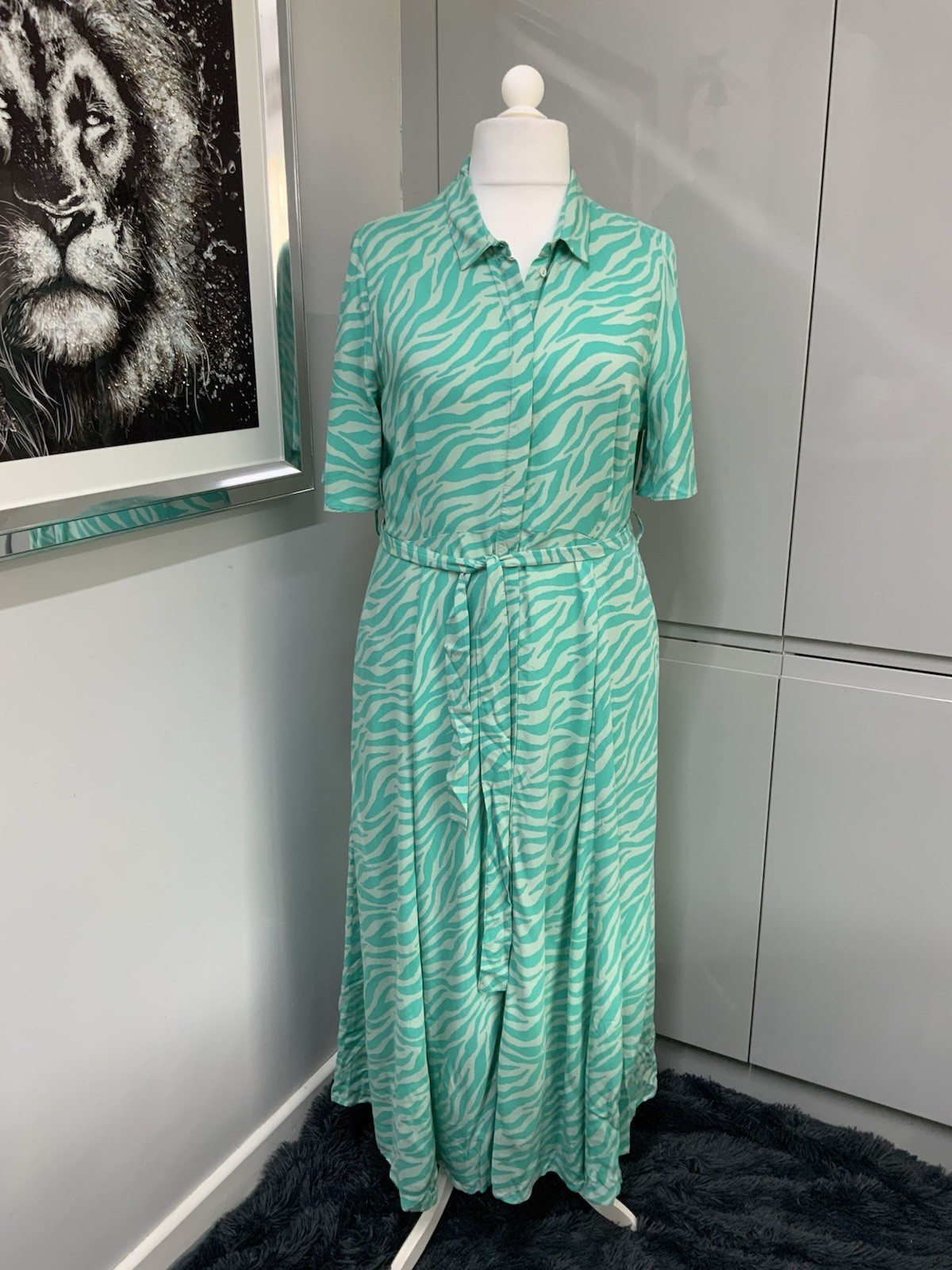 Next Midi Dress Size 16 Green Button Front Tie Belt