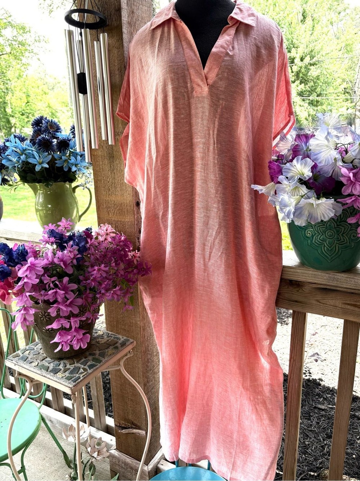 Tahari Peachy Orange Caftan Style Short Wide Sleeve Linen Maxi Dress or Cover
