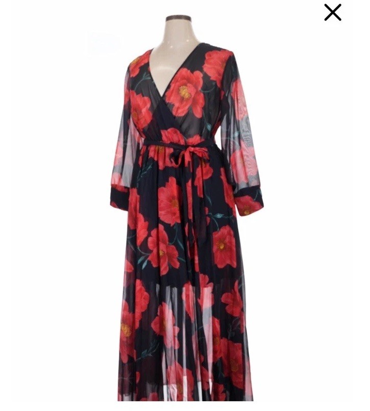 Kate and Lily Black Red Floral Chiffon Maxi Dress Long Sleeve Sheer Poppy 20W