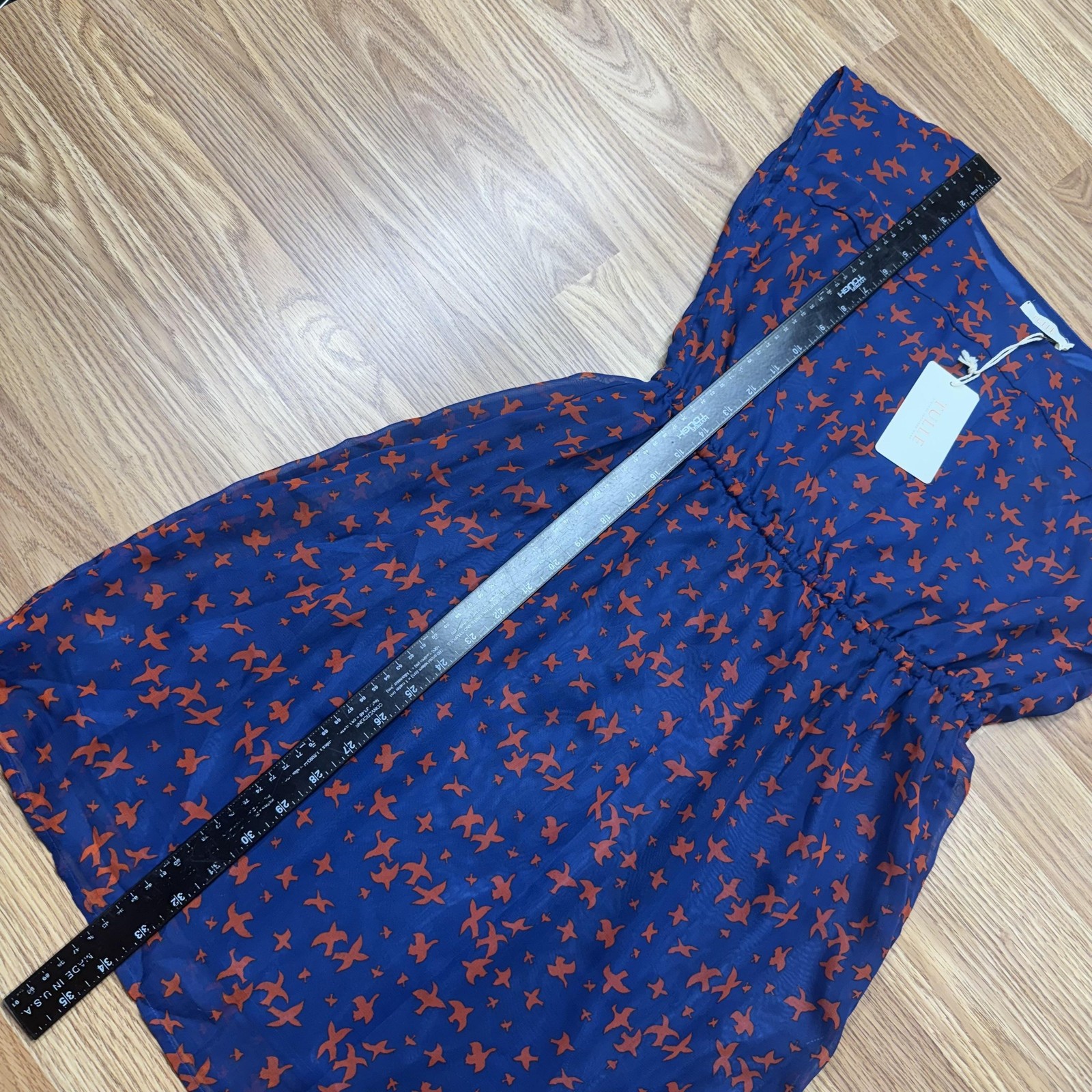 Tulle Dress Womens Small Navy Orange Bird Print Elastic Waist Lined Cap Sleeve