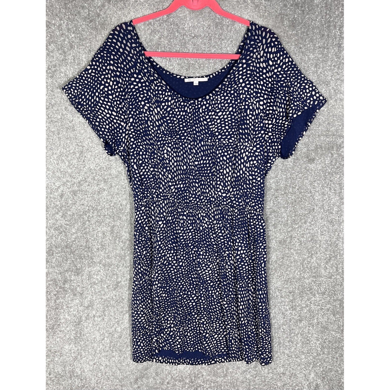 Gap Dress Womens Size L Blue Tan Geometric Stretch Flutter Sleeve Elastic Waist