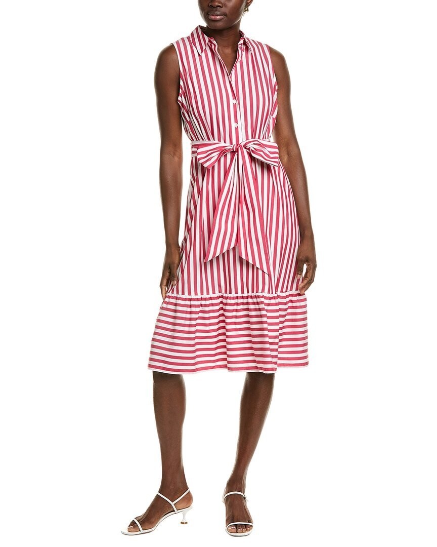 Jones New York Striped Tie-Waist Sleeveless Midi Shirtdress Women L Rouge/White