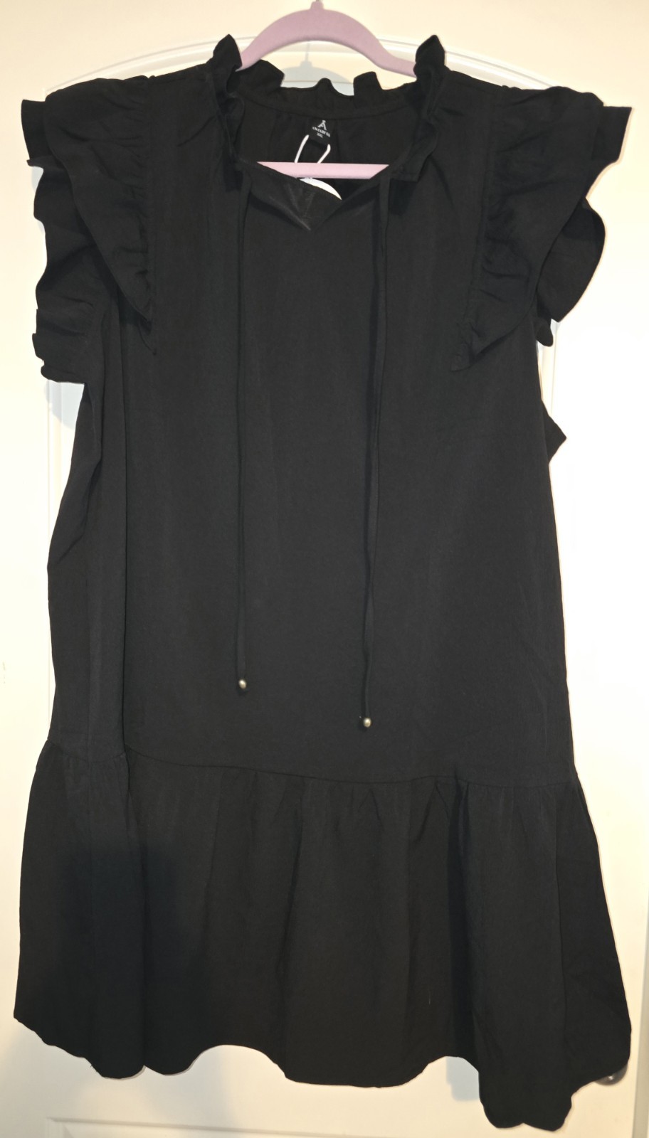 ANRABESS Black Ruffle Sleeve V-Neck Mini Dress XXL Pockets