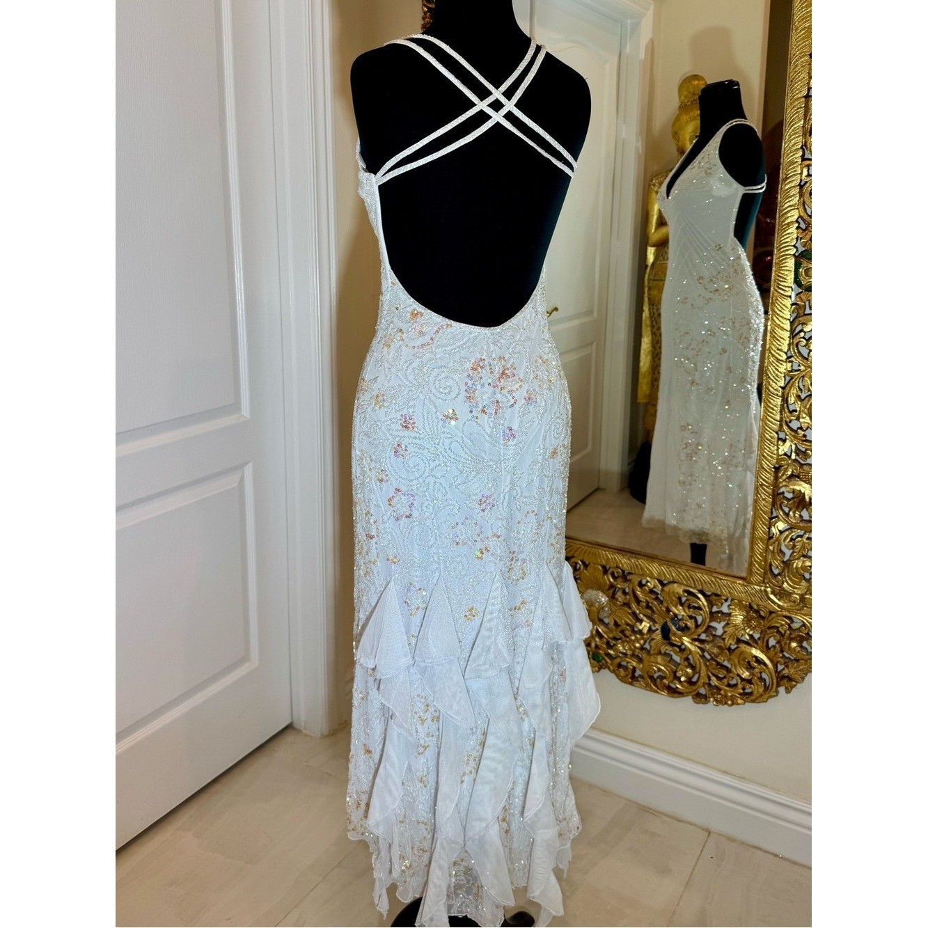 White hand Beaded Ruffle Backless Evening Dress. Power mesh stretch fabric.