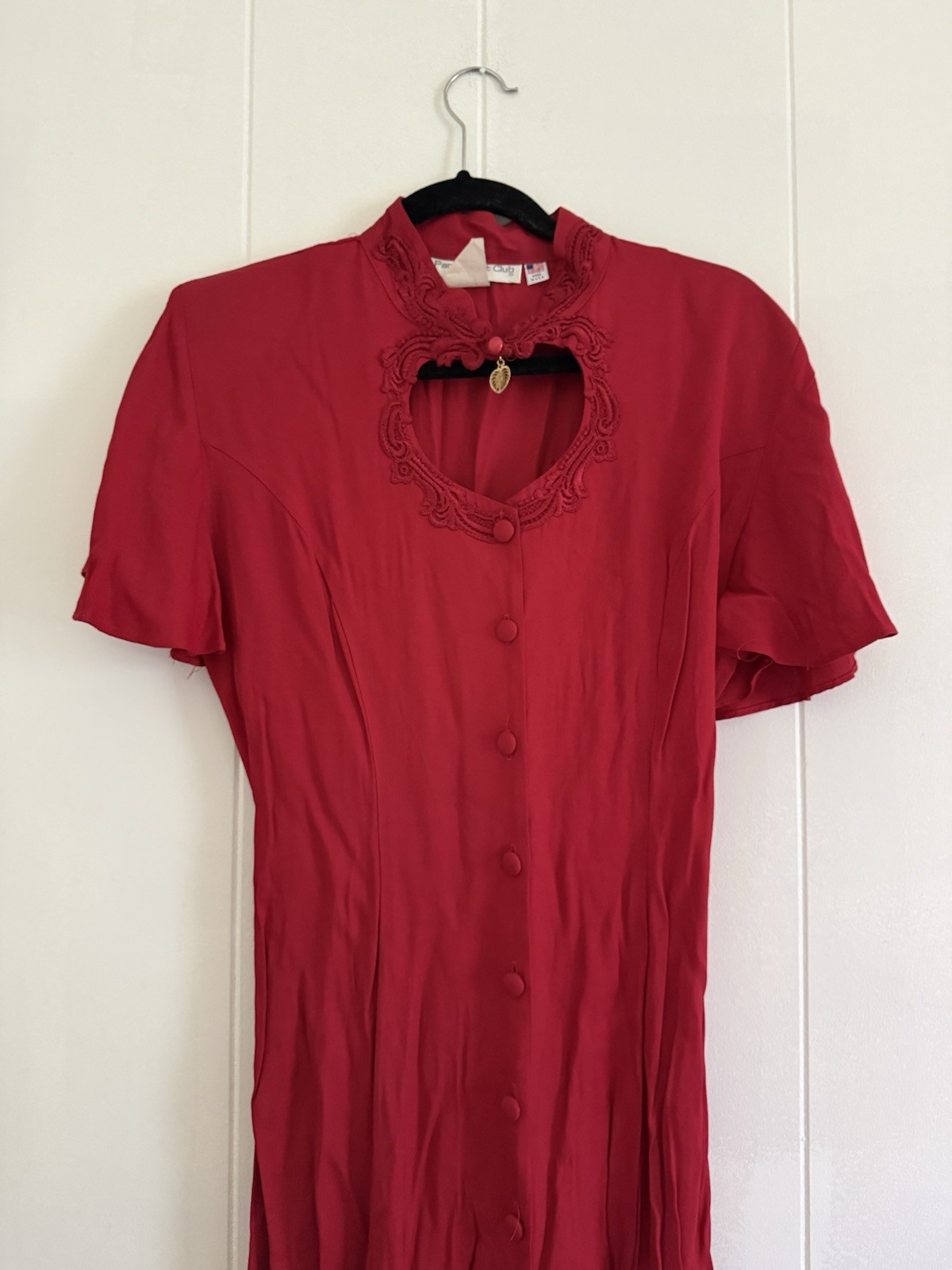 Paris Sport Club Red Chiffon Midi Dress 10 Keyhole Button Front Lace Beaded