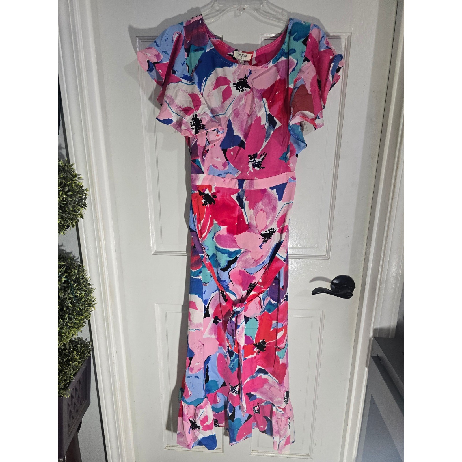 Rose Mix Floral Flutter Sleeve Midi Dress Pink Blue Abstract Print Belted A-Line