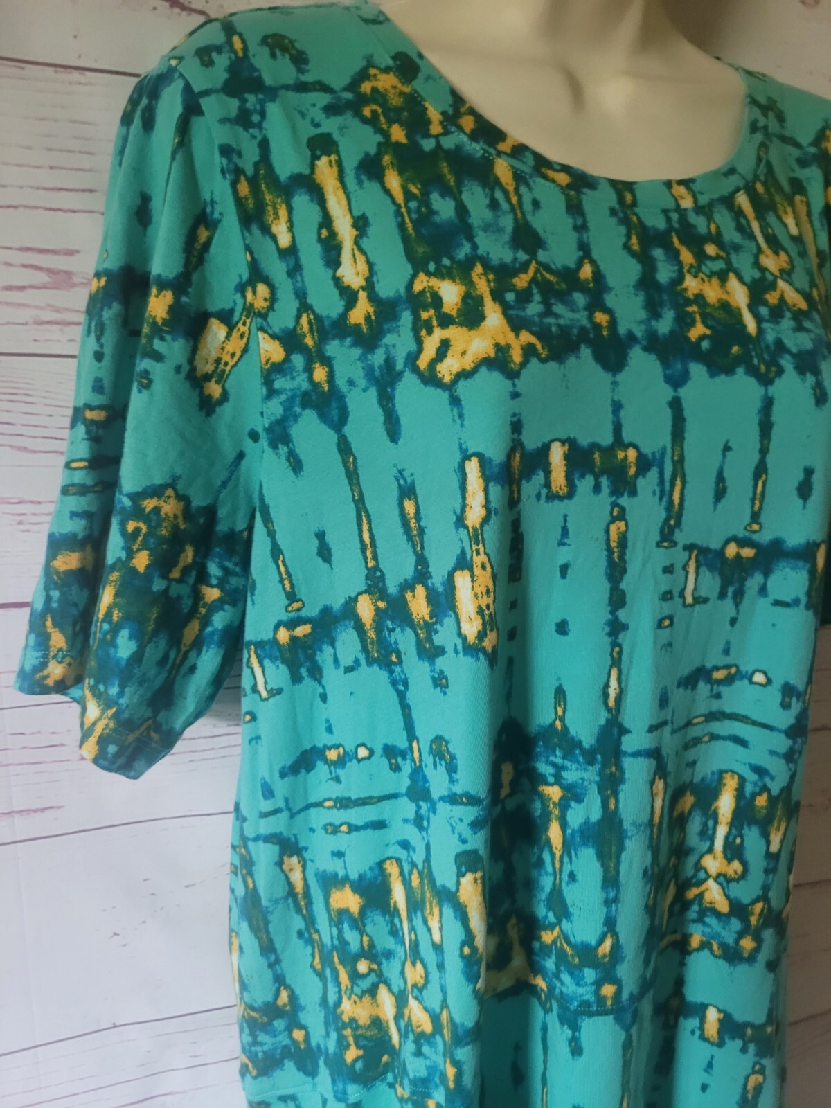 LOGO by Lori Goldstein Regular Teal Yellow Tie-Dye Tiered Dress XL Stretch