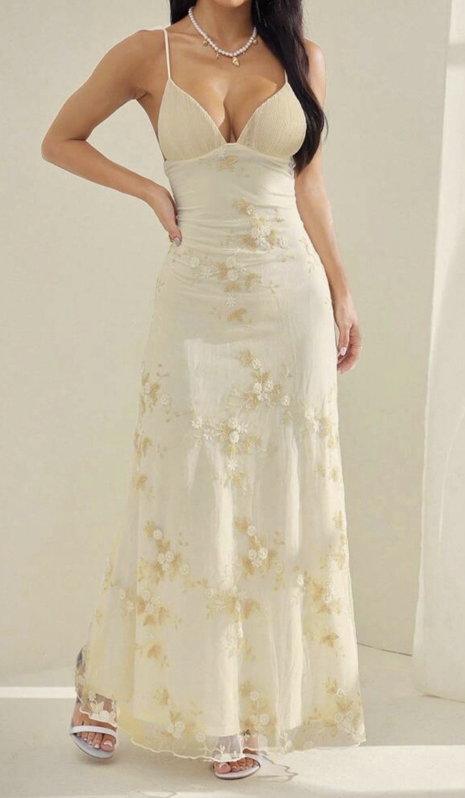 Ivory & Gold Floral Satin Maxi Dress V-Neck Adjustable Spaghetti Straps S