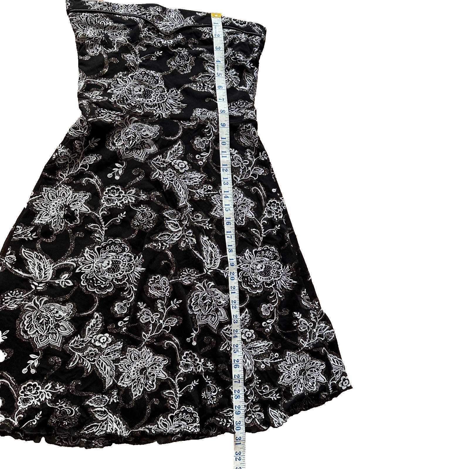 JANE NORMAN Black White Floral Strapless Party Dress Silver Glitter Y2K Size 12