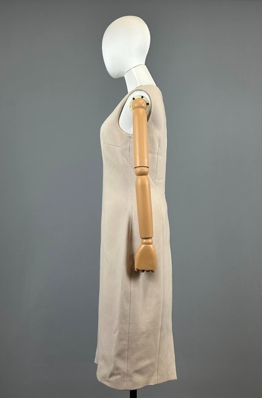 Prada Milano Beige Wool Silk Sleeveless A-Line Pencil Midi Dress Size IT 44